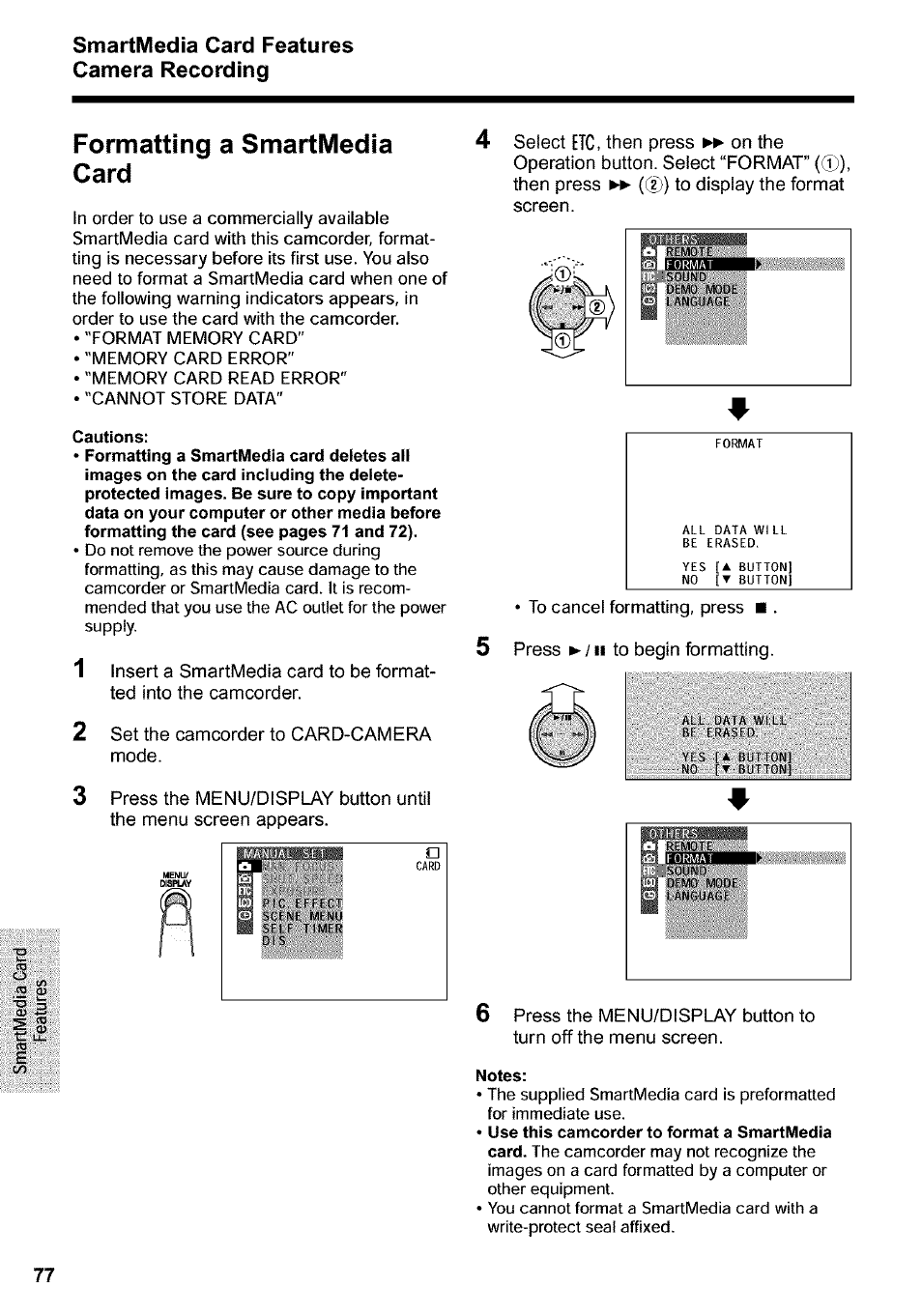 Formatting a smartmedia card, Smartmedia card features camera recording | Sharp VIEWCAM VL-WD650U User Manual | Page 92 / 120