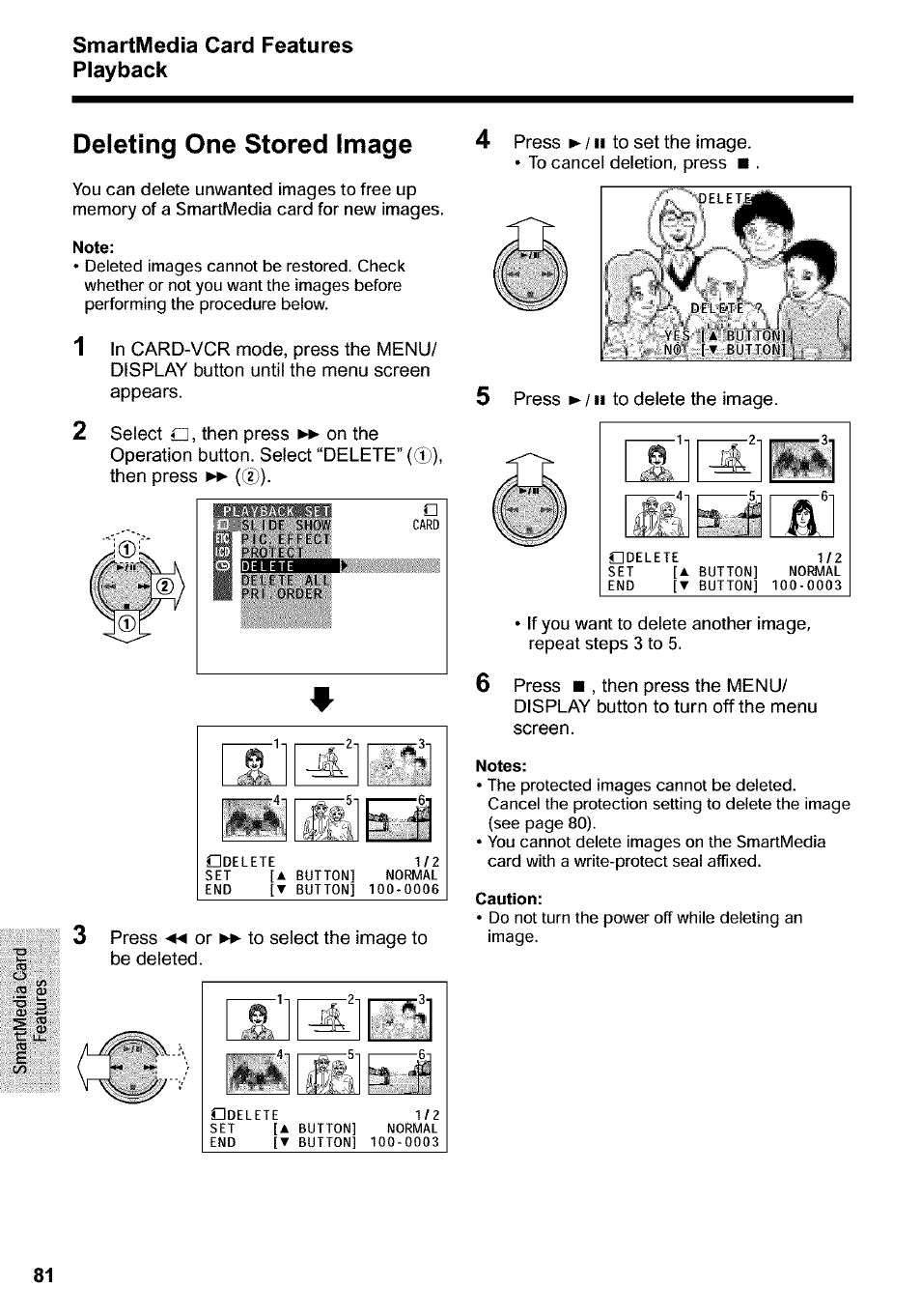 Deleting one stored image, Note, Notes | Caution | Sharp VIEWCAM VL-WD650U User Manual | Page 96 / 120