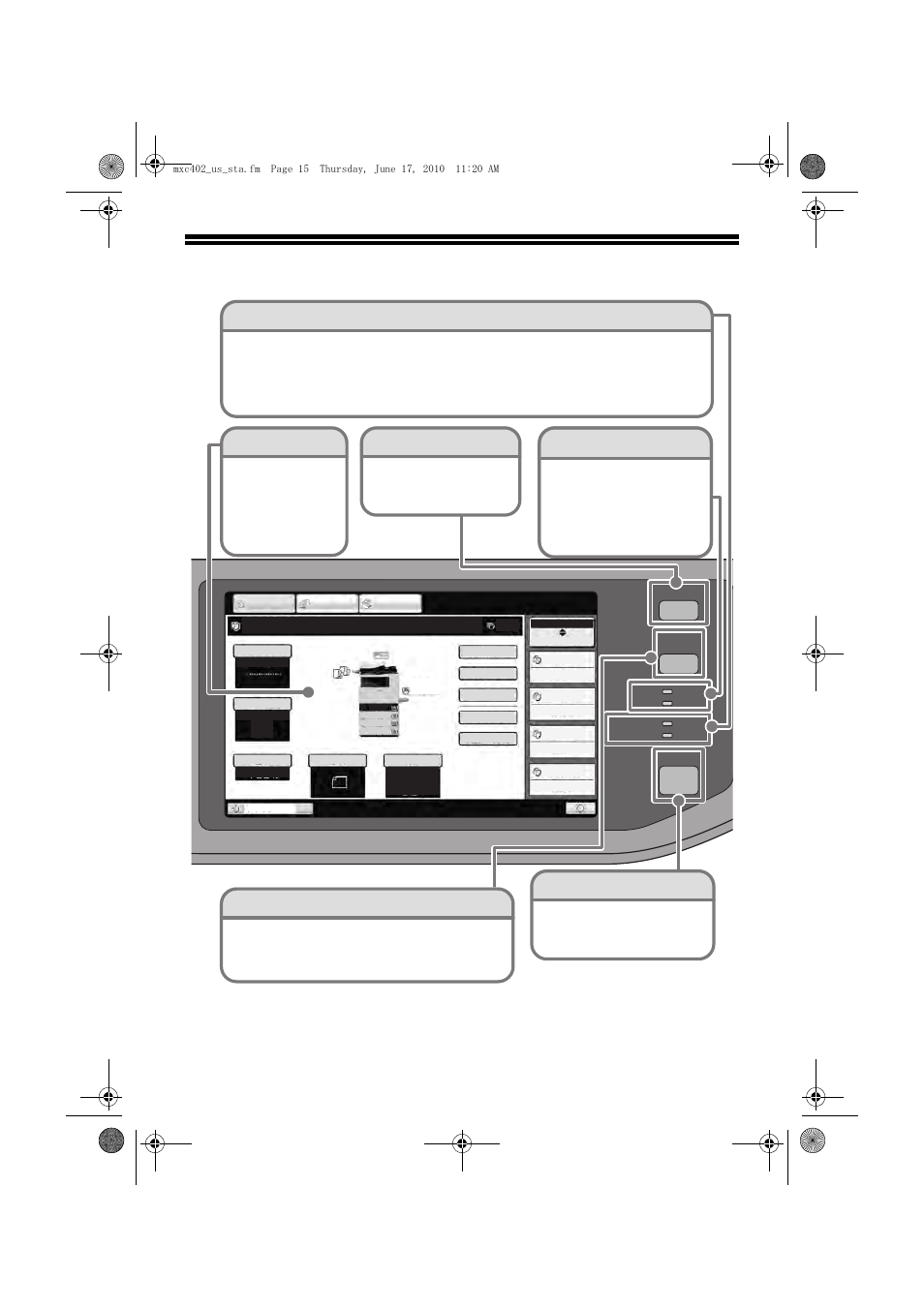 Operation panel, Image send indicators, Touch panel | Job status] key, Print mode indicators, System settings] key, Home] key | Sharp TINSE4796FCZZ User Manual | Page 17 / 58