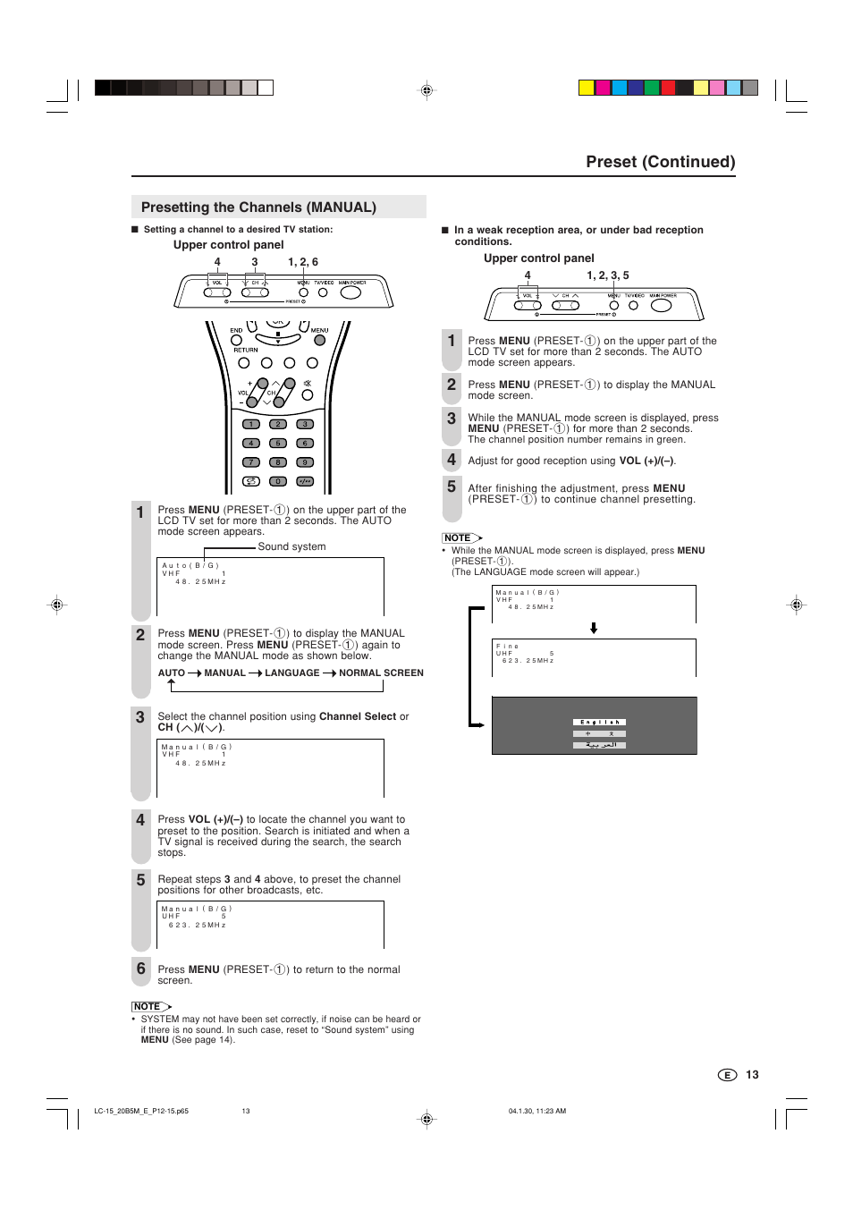 Preset (continued) | Sharp AQUOS LC-20B5M User Manual | Page 14 / 61