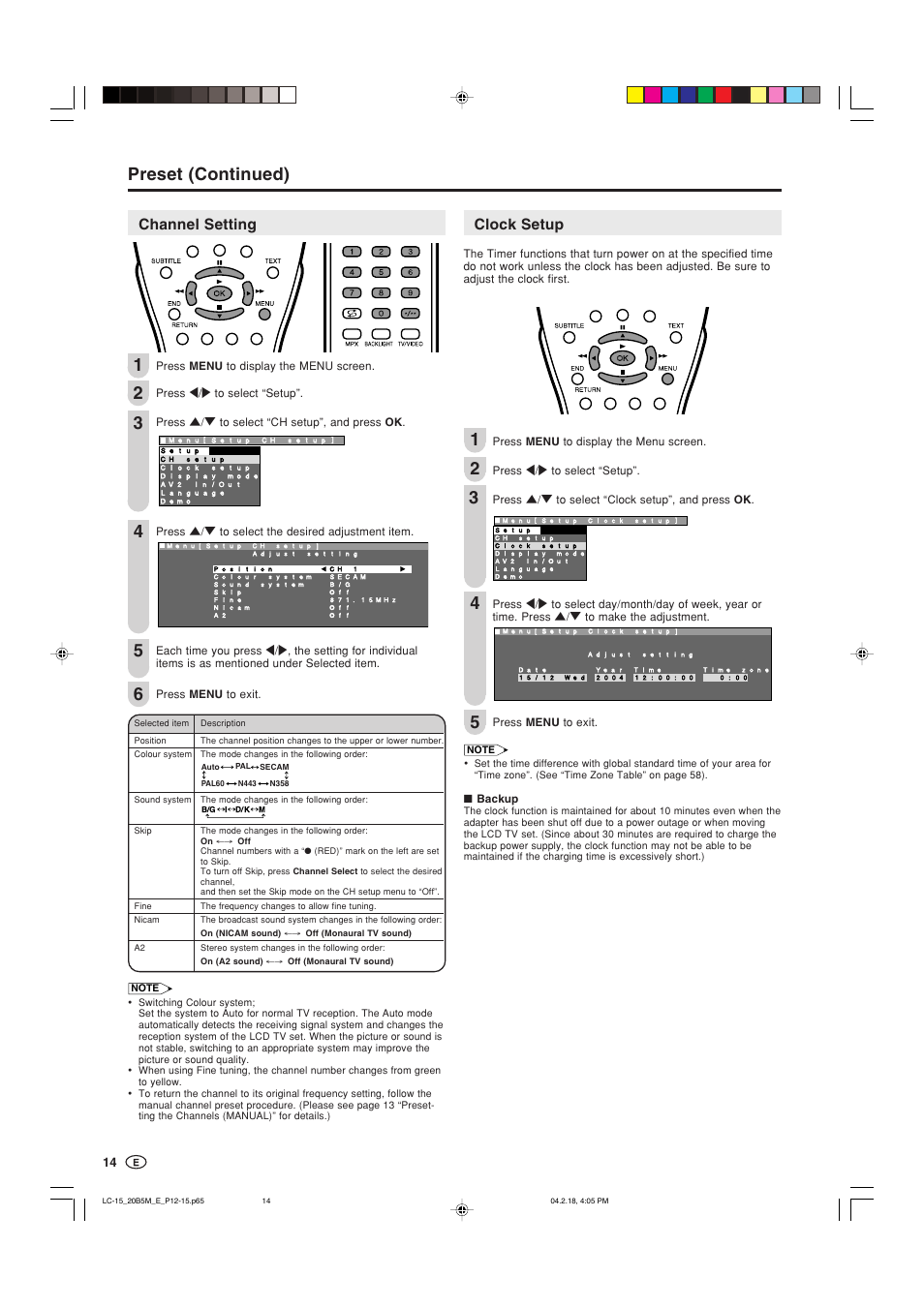 Preset (continued), Channel setting, Clock setup | Sharp AQUOS LC-20B5M User Manual | Page 15 / 61