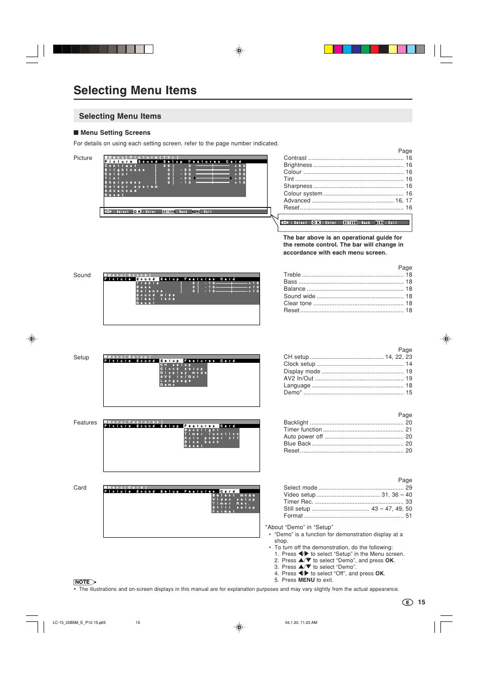 Selecting menu items, Menu setting screens | Sharp AQUOS LC-20B5M User Manual | Page 16 / 61