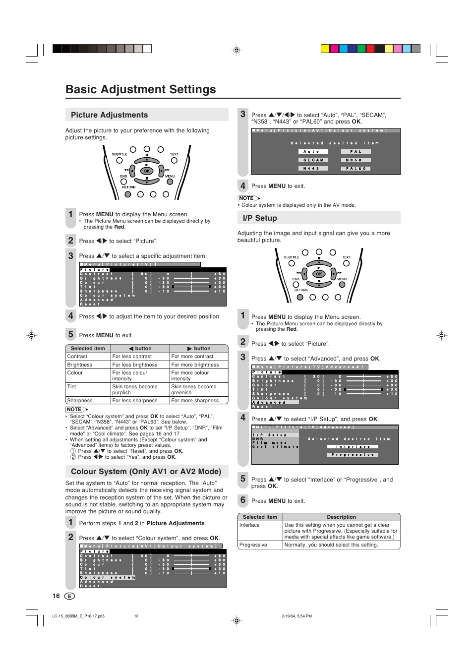 Basic adjustment settings, Picture adjustments, Colour system (only av1 or av2 mode) | I/p setup | Sharp AQUOS LC-20B5M User Manual | Page 17 / 61