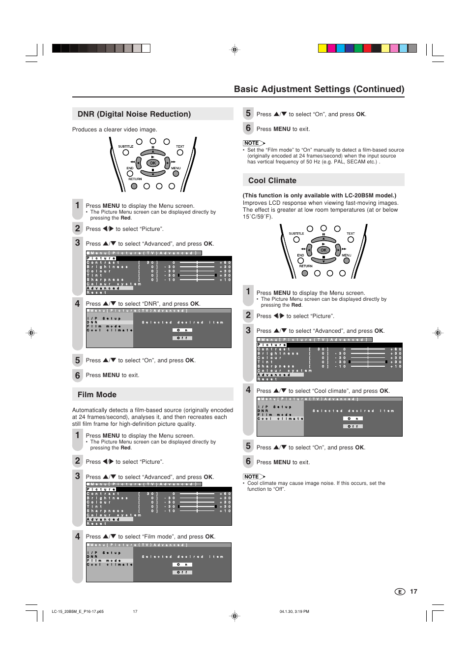 Basic adjustment settings (continued), Cool climate, Dnr (digital noise reduction) | Film mode | Sharp AQUOS LC-20B5M User Manual | Page 18 / 61