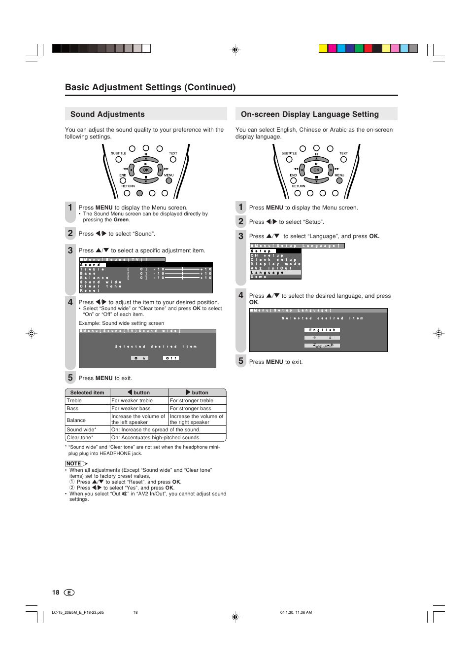 Sound adjustments, On-screen display language setting | Sharp AQUOS LC-20B5M User Manual | Page 19 / 61