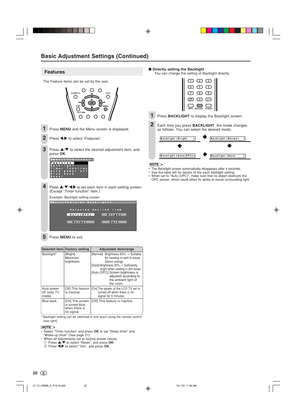 Basic adjustment settings (continued), Features | Sharp AQUOS LC-20B5M User Manual | Page 21 / 61