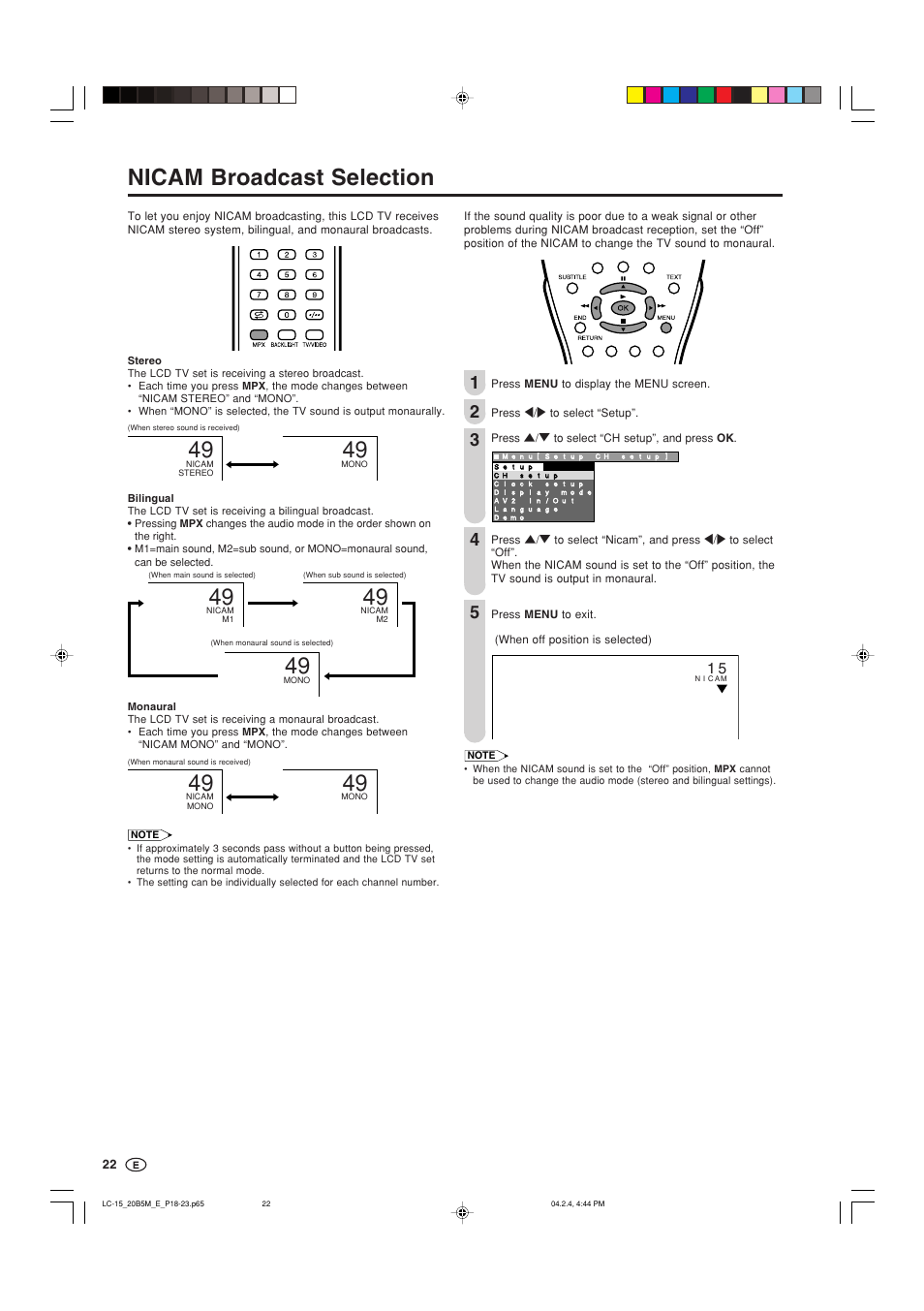 Nicam broadcast selection | Sharp AQUOS LC-20B5M User Manual | Page 23 / 61