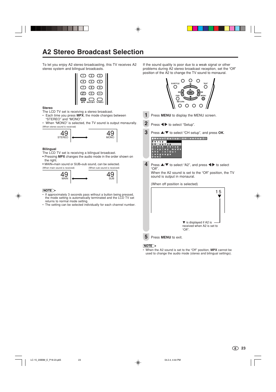 A2 stereo broadcast selection | Sharp AQUOS LC-20B5M User Manual | Page 24 / 61