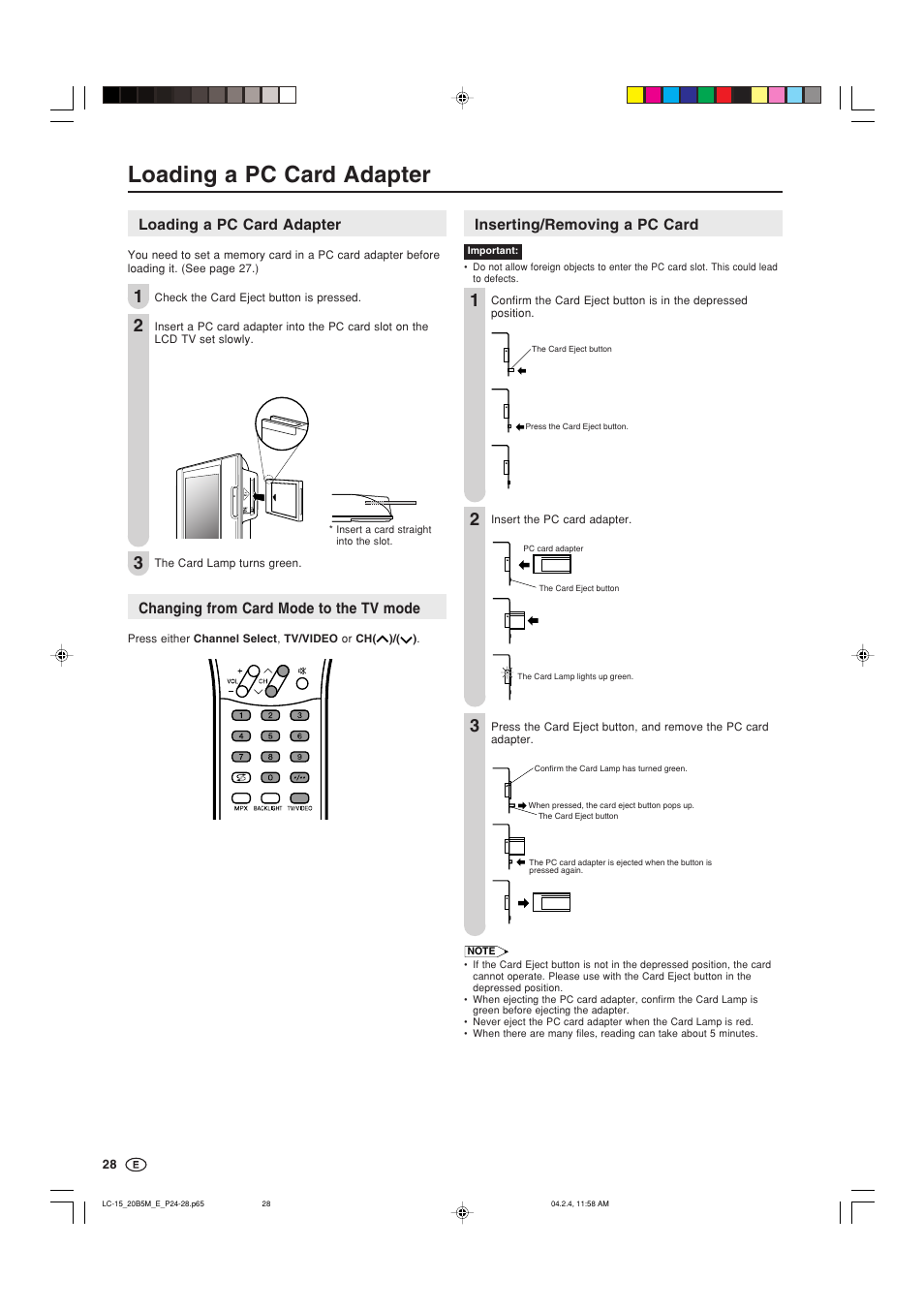 Loading a pc card adapter, Changing from card mode to the tv mode, Inserting/removing a pc card | Sharp AQUOS LC-20B5M User Manual | Page 29 / 61