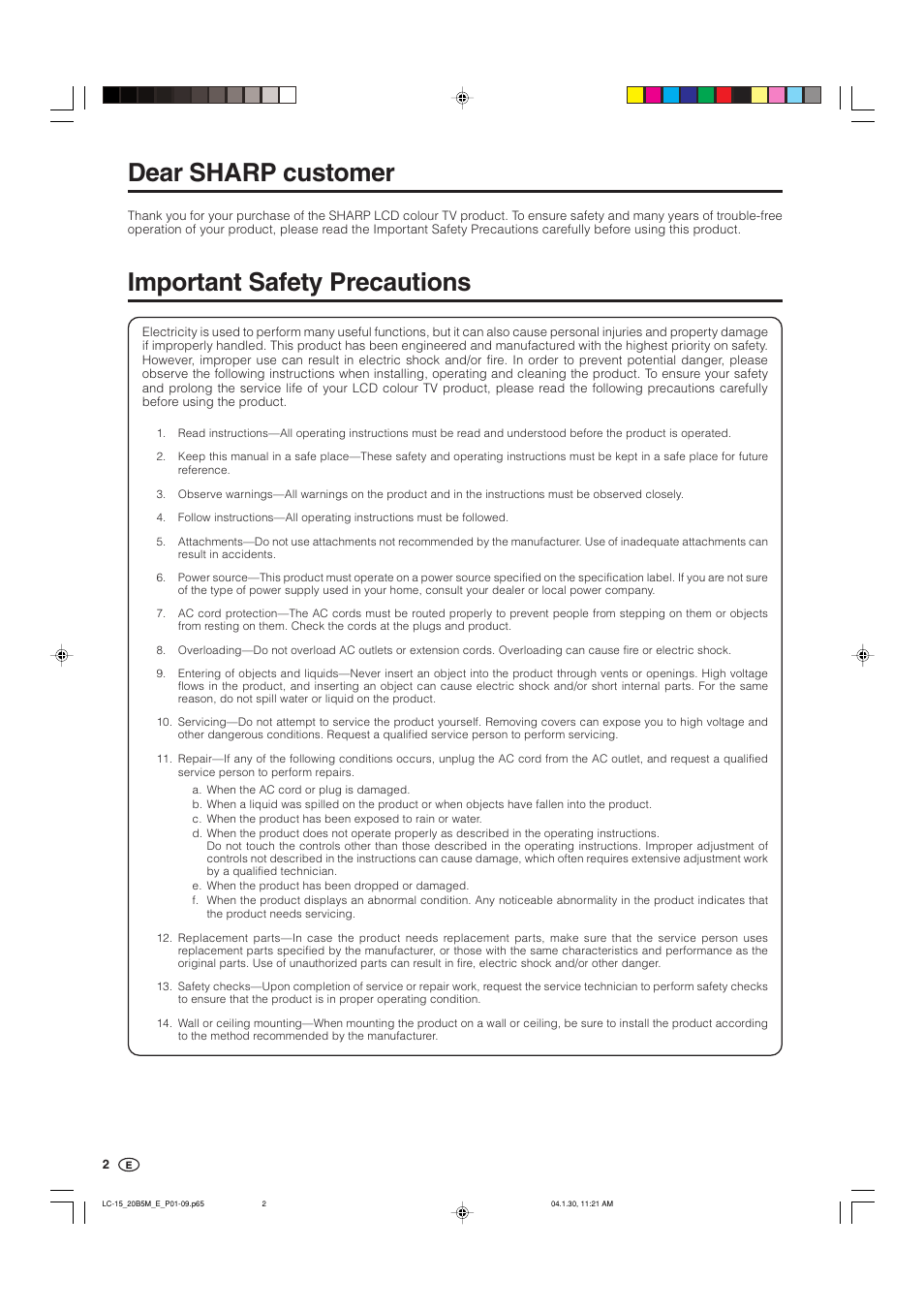 Important safety precautions, Dear sharp customer | Sharp AQUOS LC-20B5M User Manual | Page 3 / 61