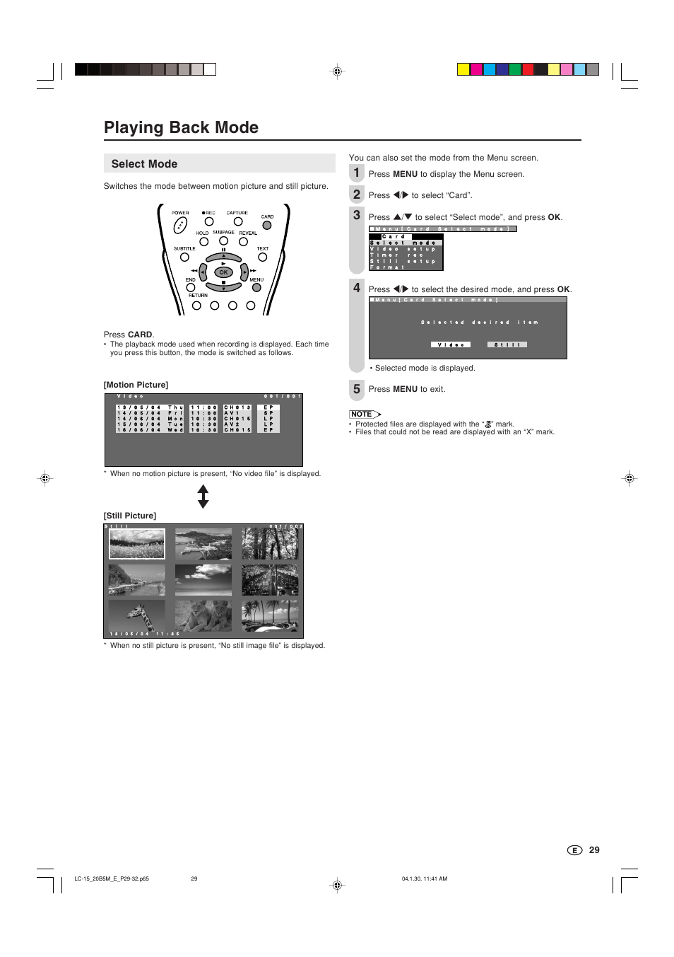 Playing back mode, Select mode | Sharp AQUOS LC-20B5M User Manual | Page 30 / 61