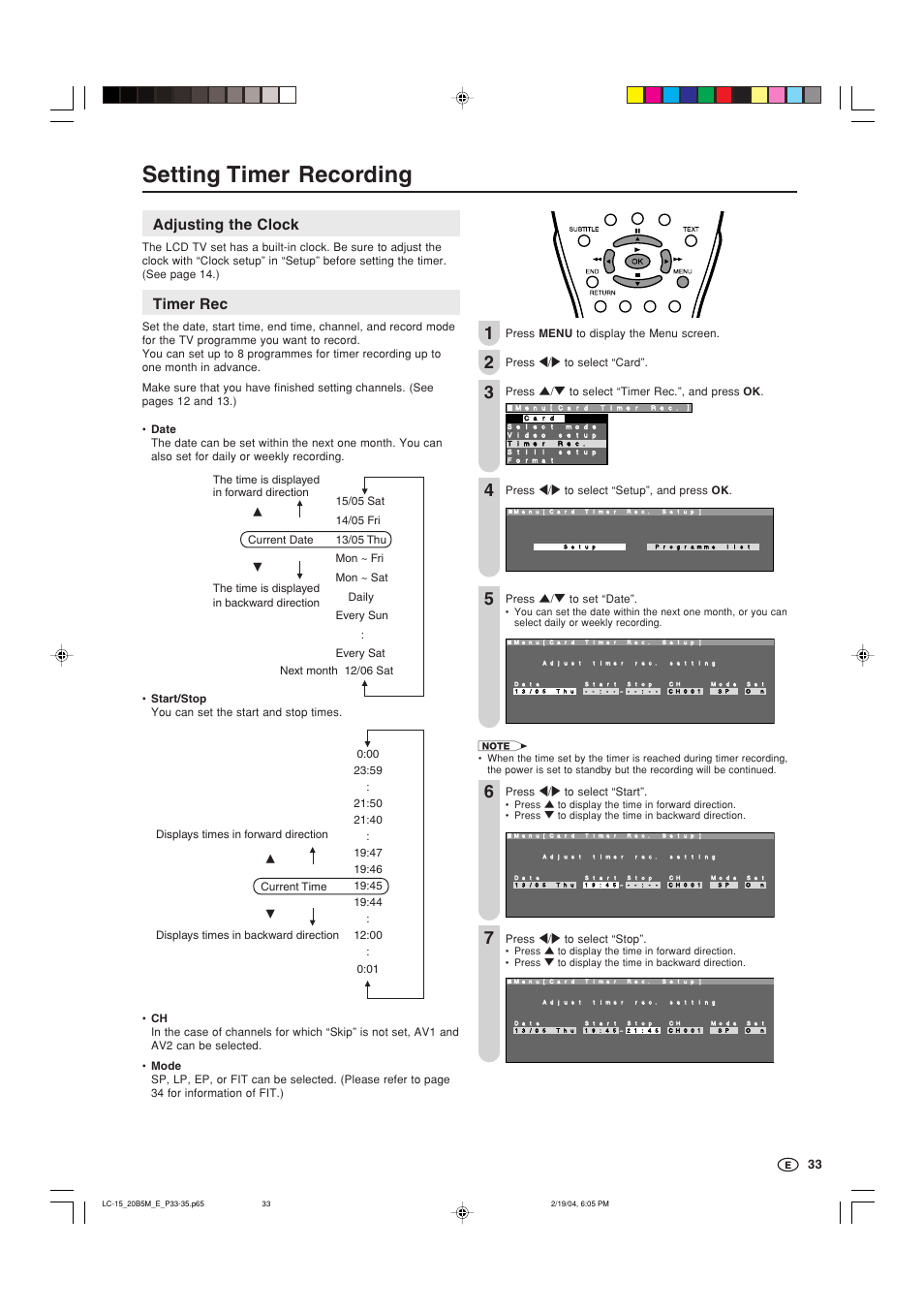 Setting timer recording, Adjusting the clock, Timer rec | Sharp AQUOS LC-20B5M User Manual | Page 34 / 61