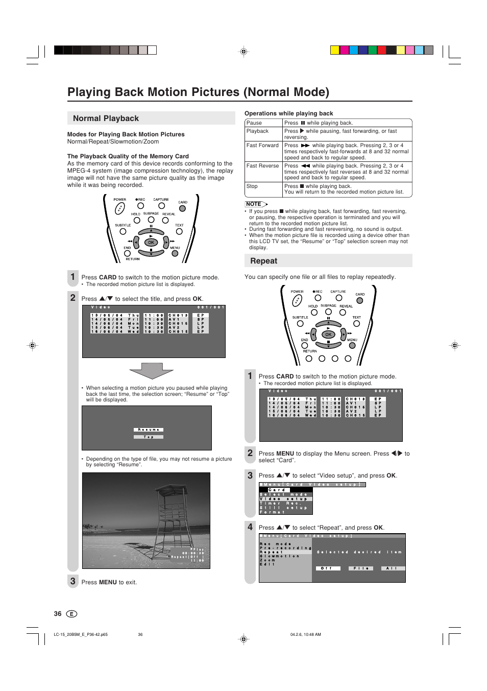 Playing back motion pictures (normal mode), Normal playback, Repeat | Sharp AQUOS LC-20B5M User Manual | Page 37 / 61