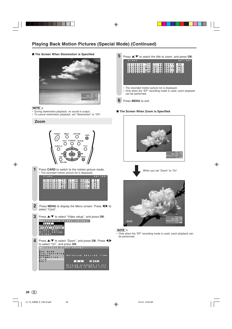 Zoom, The screen when slowmotion is specified, Press card to switch to the motion picture mode | Sharp AQUOS LC-20B5M User Manual | Page 39 / 61