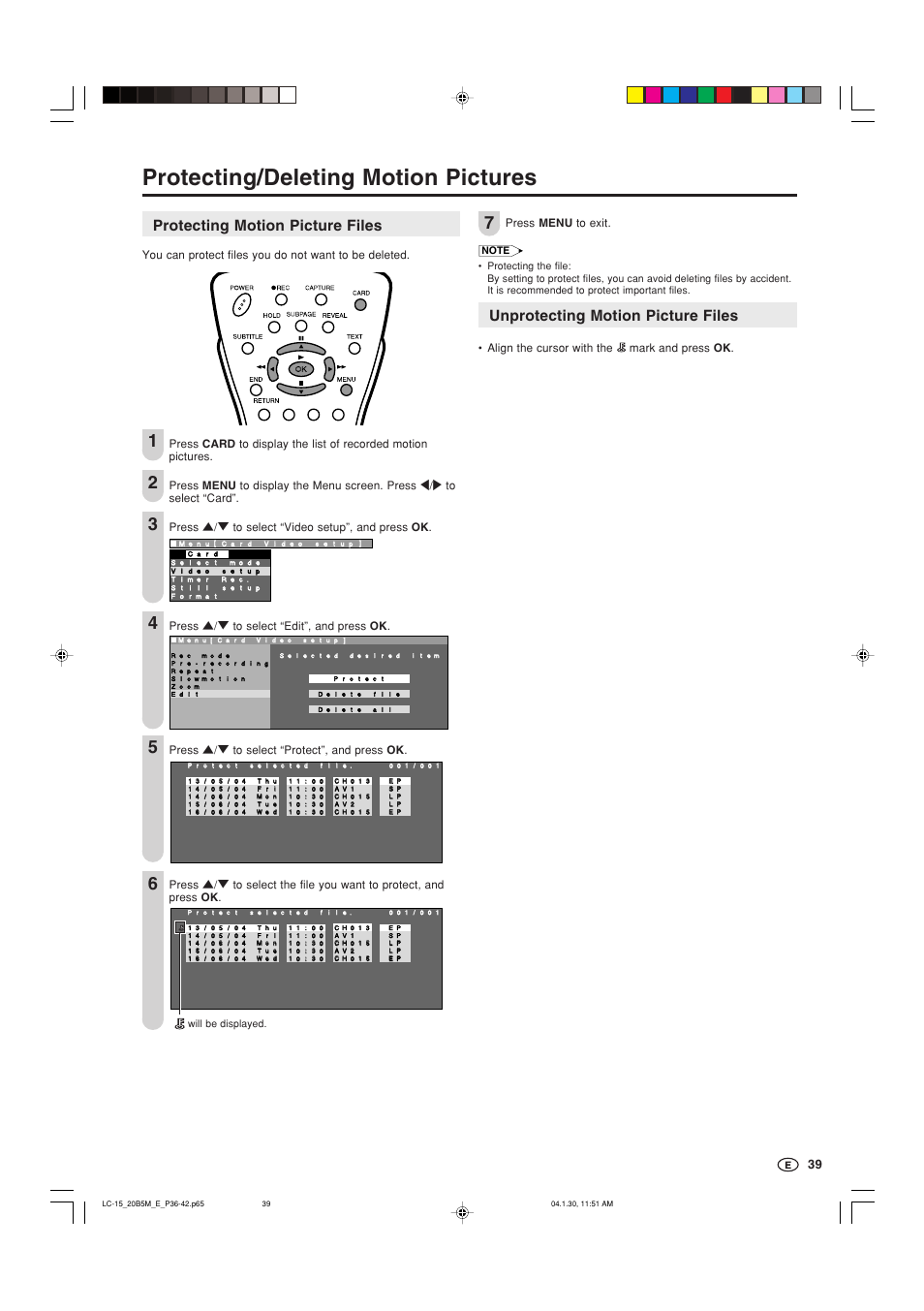 Protecting/deleting motion pictures, Protecting motion picture files, Unprotecting motion picture files | Sharp AQUOS LC-20B5M User Manual | Page 40 / 61