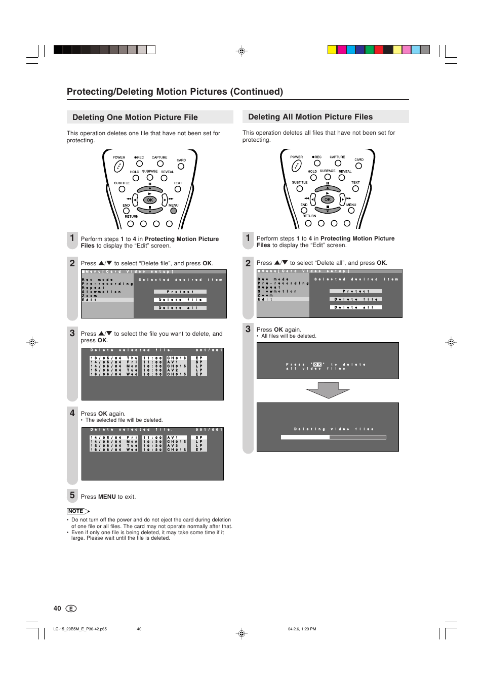 Protecting/deleting motion pictures (continued), Deleting all motion picture files, Deleting one motion picture file | Sharp AQUOS LC-20B5M User Manual | Page 41 / 61