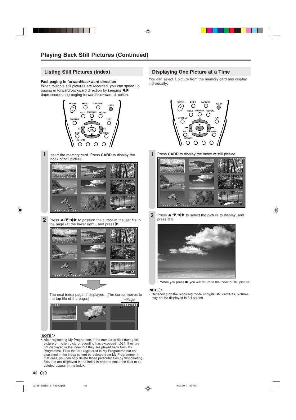 Playing back still pictures (continued) 1 2 2 1, Listing still pictures (index), Displaying one picture at a time | Sharp AQUOS LC-20B5M User Manual | Page 43 / 61