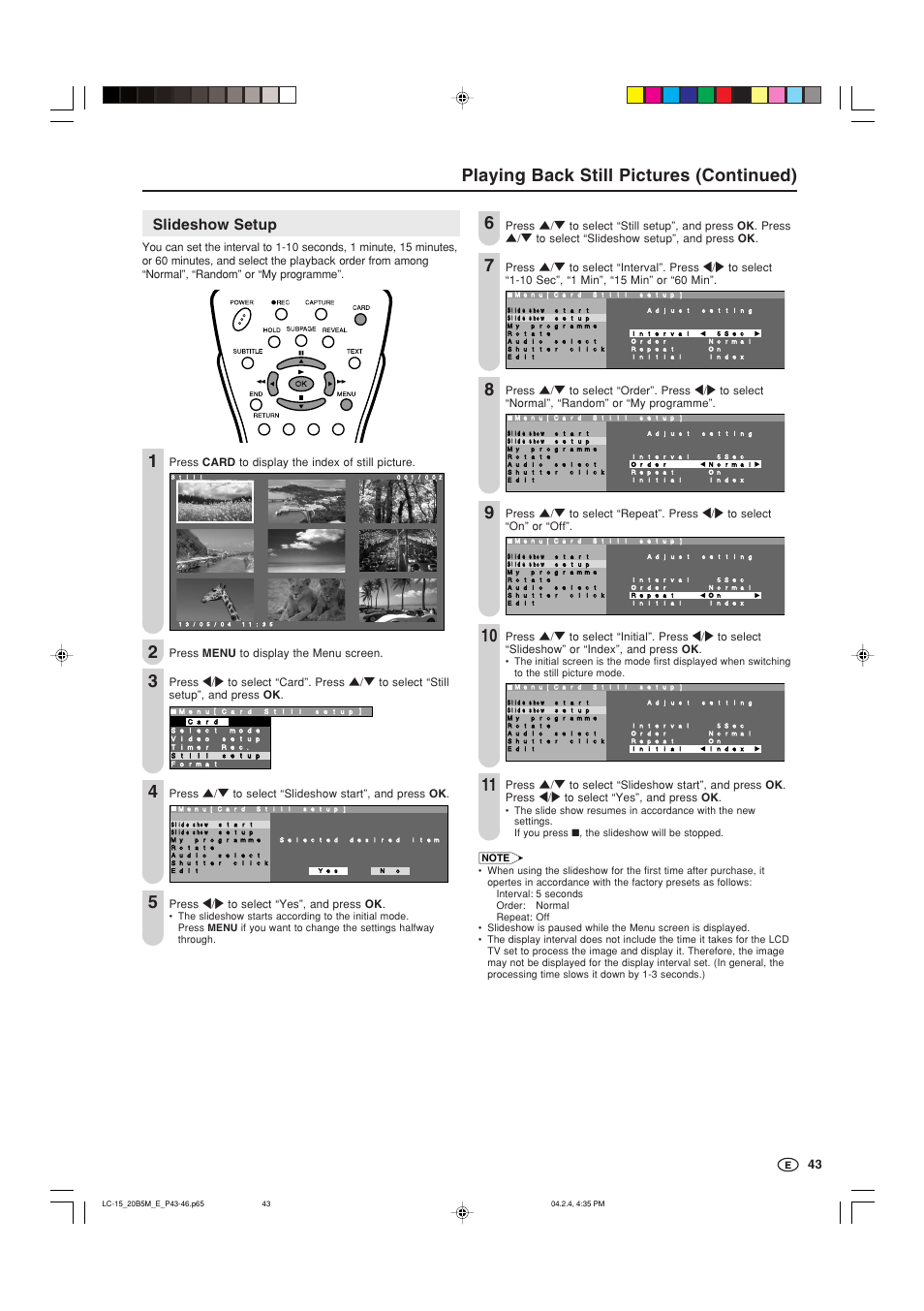 Playing back still pictures (continued), Slideshow setup | Sharp AQUOS LC-20B5M User Manual | Page 44 / 61