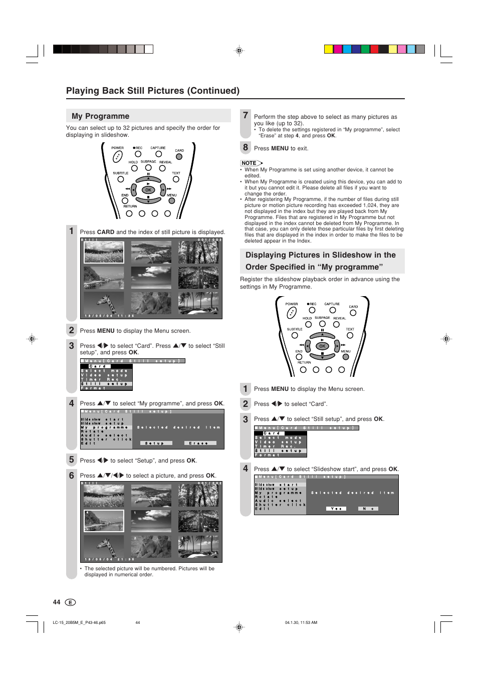 Playing back still pictures (continued), My programme | Sharp AQUOS LC-20B5M User Manual | Page 45 / 61