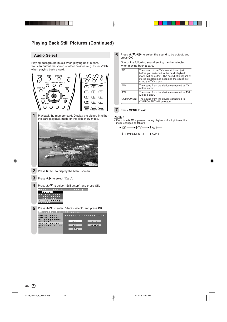 Playing back still pictures (continued), Audio select | Sharp AQUOS LC-20B5M User Manual | Page 47 / 61