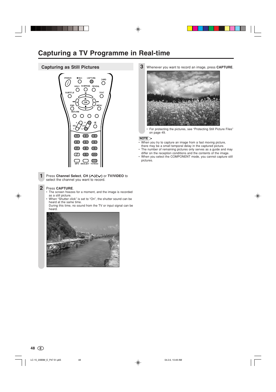 Capturing a tv programme in real-time, Capturing as still pictures | Sharp AQUOS LC-20B5M User Manual | Page 49 / 61