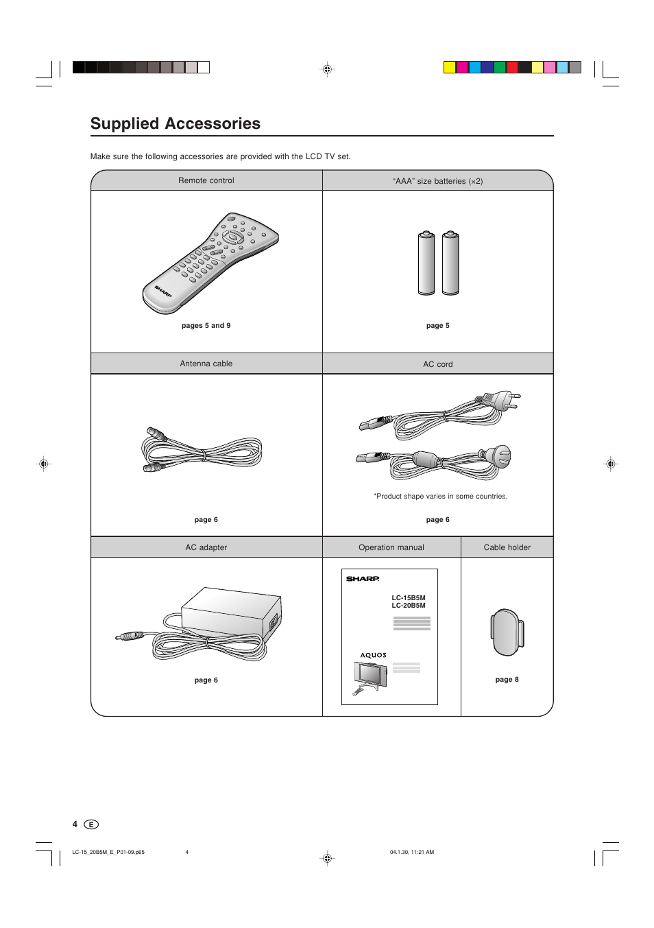 Supplied accessories | Sharp AQUOS LC-20B5M User Manual | Page 5 / 61
