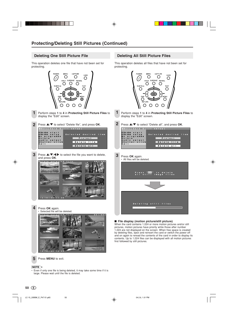 Protecting/deleting still pictures (continued), Deleting all still picture files, Deleting one still picture file | Sharp AQUOS LC-20B5M User Manual | Page 51 / 61