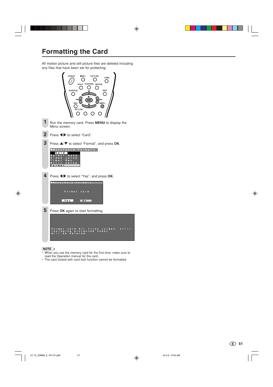 Formatting the card | Sharp AQUOS LC-20B5M User Manual | Page 52 / 61