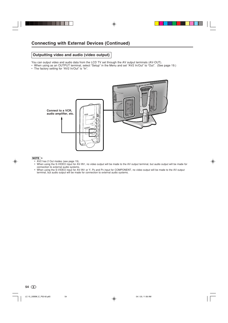 Connecting with external devices (continued), Outputting video and audio (video output) | Sharp AQUOS LC-20B5M User Manual | Page 55 / 61