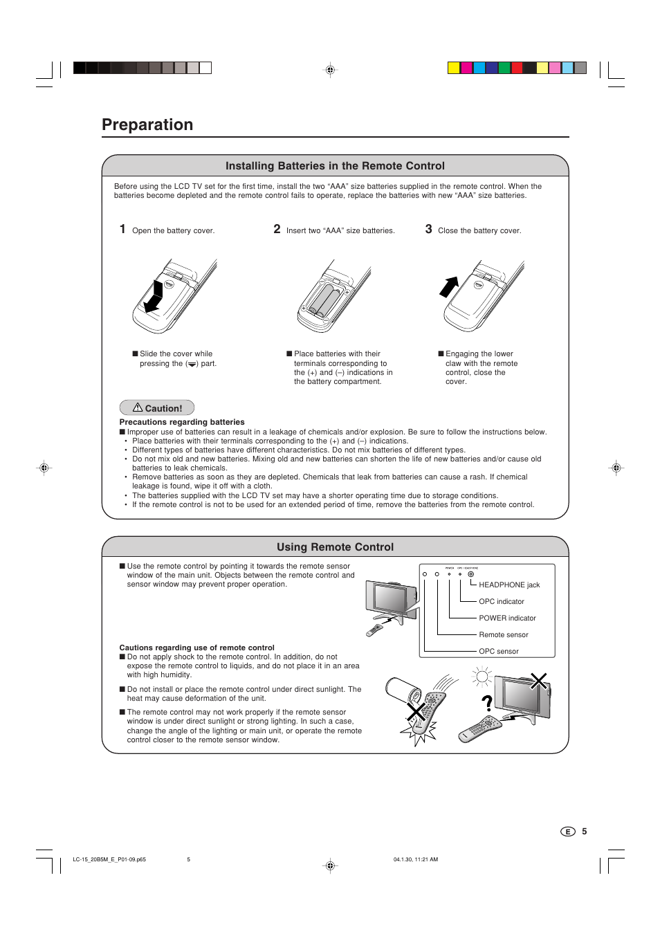 Preparation, Installing batteries in the remote control, Using remote control | Sharp AQUOS LC-20B5M User Manual | Page 6 / 61