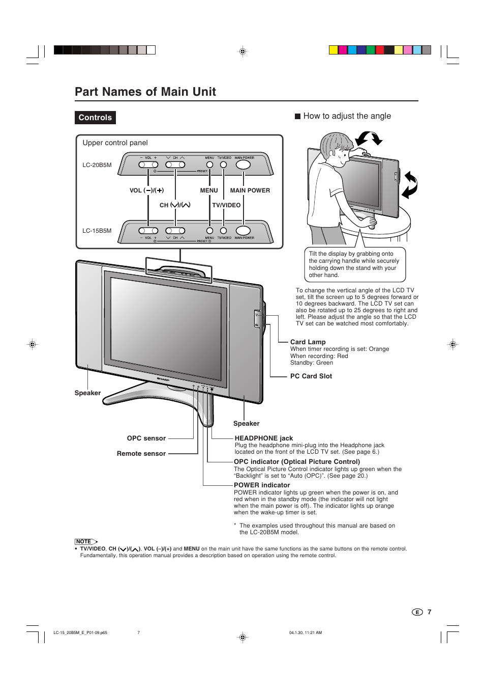 Part names of main unit, How to adjust the angle | Sharp AQUOS LC-20B5M User Manual | Page 8 / 61