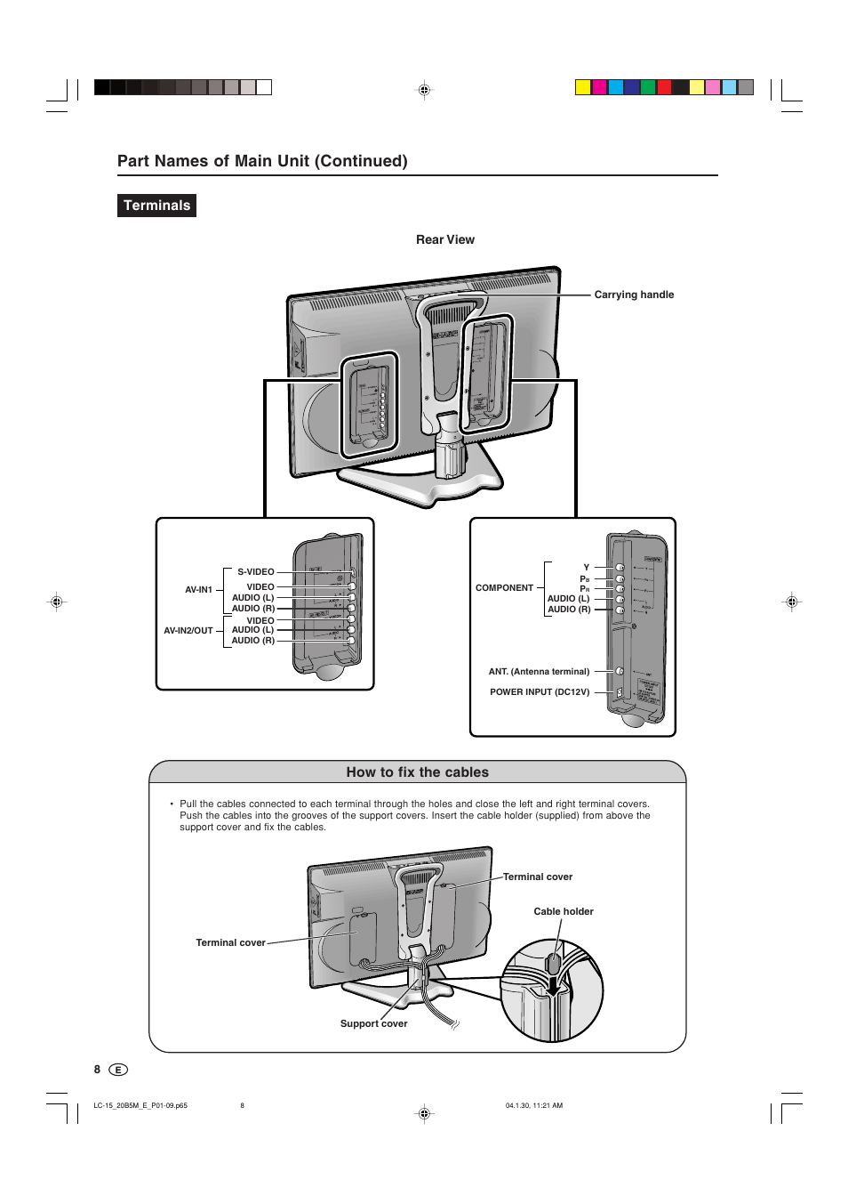 Part names of main unit (continued), Terminals, How to fix the cables | Rear view | Sharp AQUOS LC-20B5M User Manual | Page 9 / 61