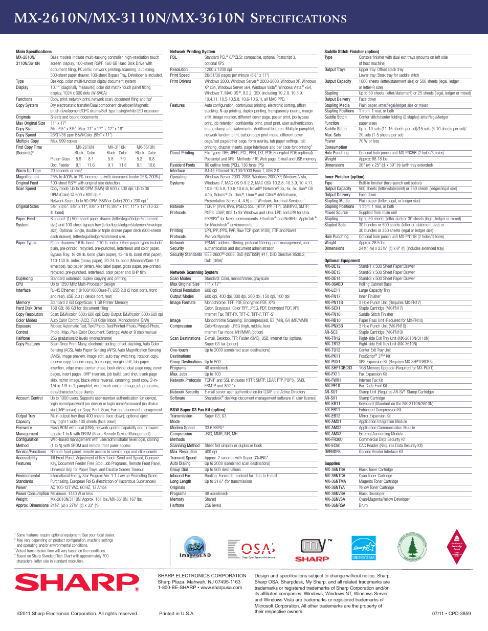 Pecifications | Sharp MX-2610N User Manual | Page 12 / 12