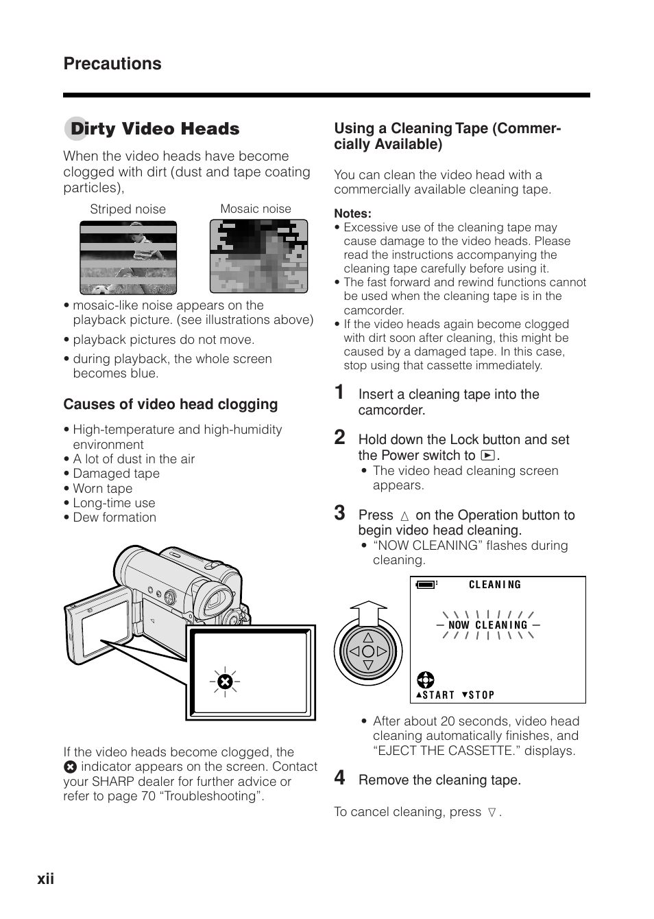 Dirty video heads, Precautions | Sharp VL Z 1 H User Manual | Page 12 / 88