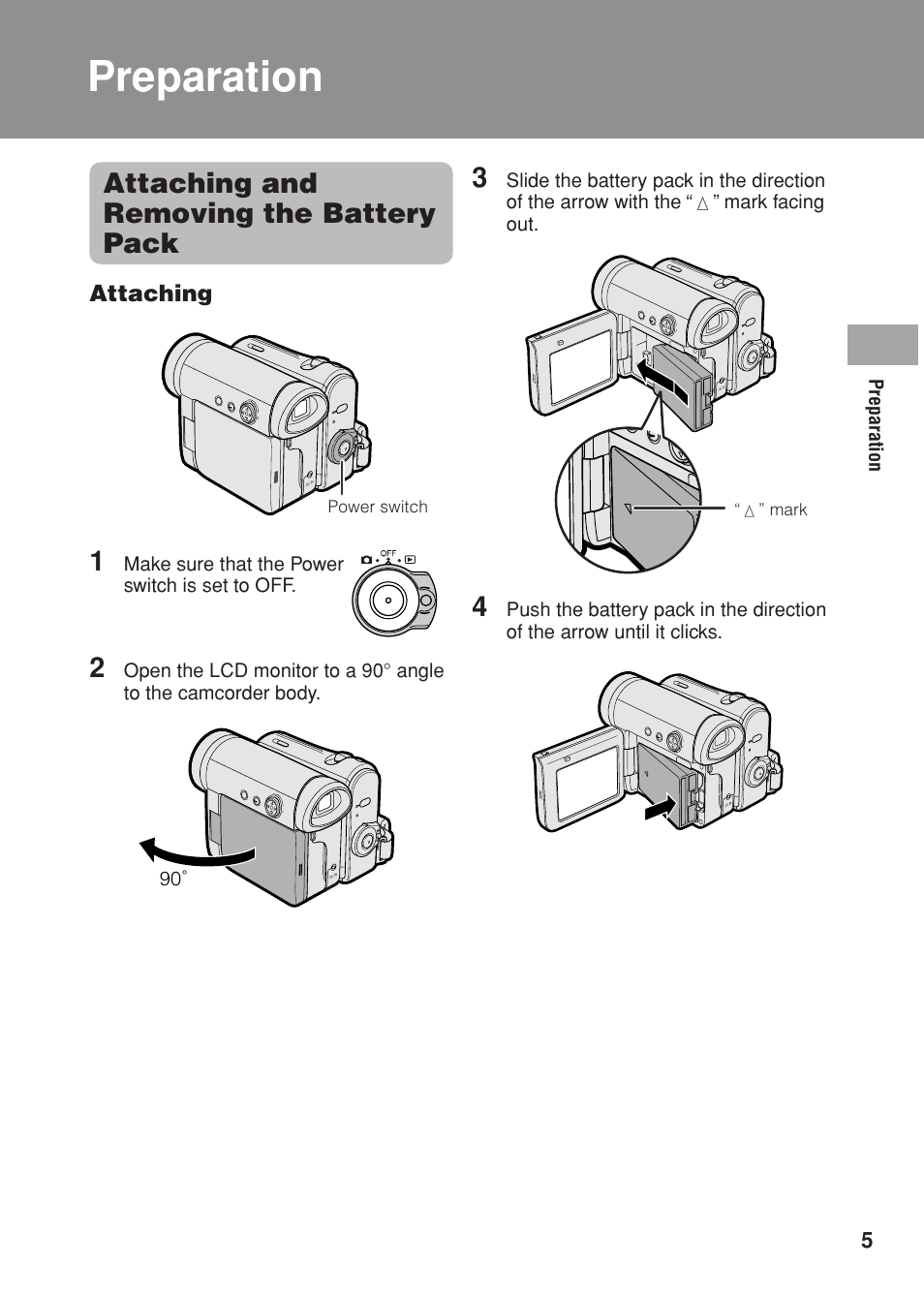 Preparation, Attaching and removing the battery pack | Sharp VL Z 1 H User Manual | Page 17 / 88