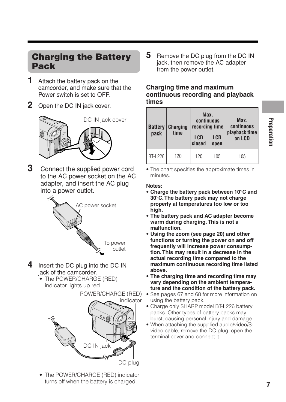 Charging the battery pack 1 | Sharp VL Z 1 H User Manual | Page 19 / 88