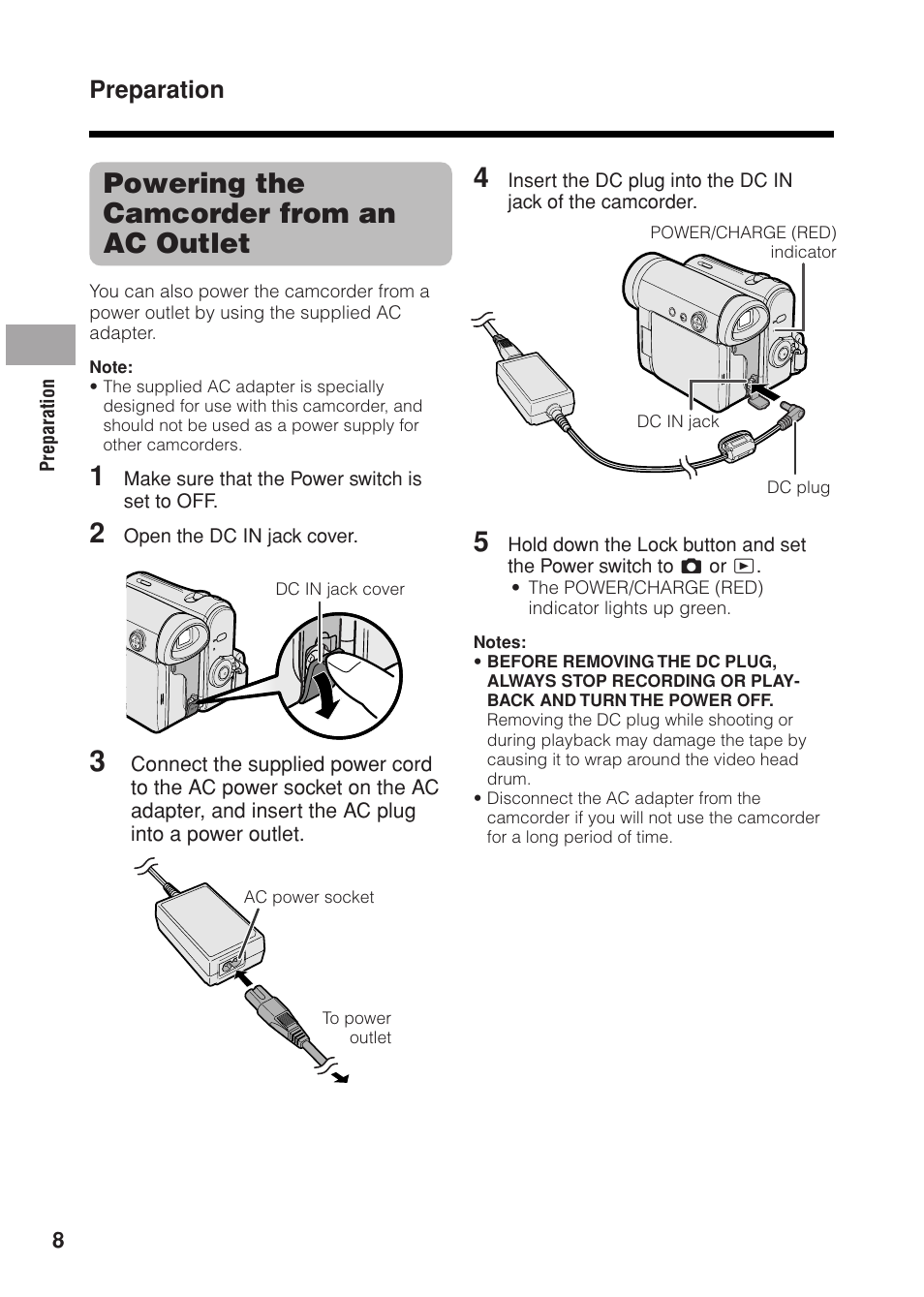 Powering the camcorder from an ac outlet, Preparation | Sharp VL Z 1 H User Manual | Page 20 / 88