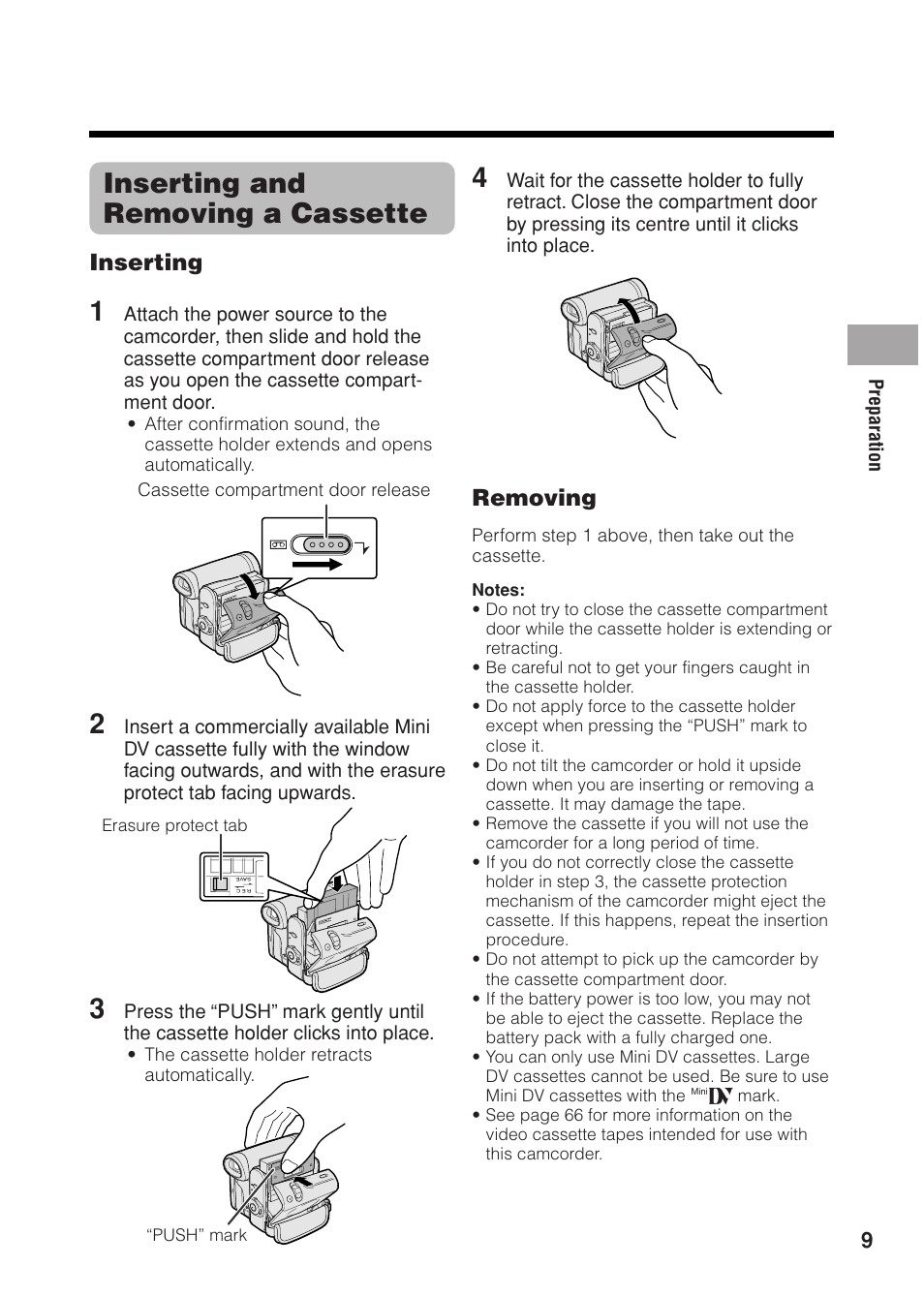 Inserting and removing a cassette, Inserting, Removing | Sharp VL Z 1 H User Manual | Page 21 / 88