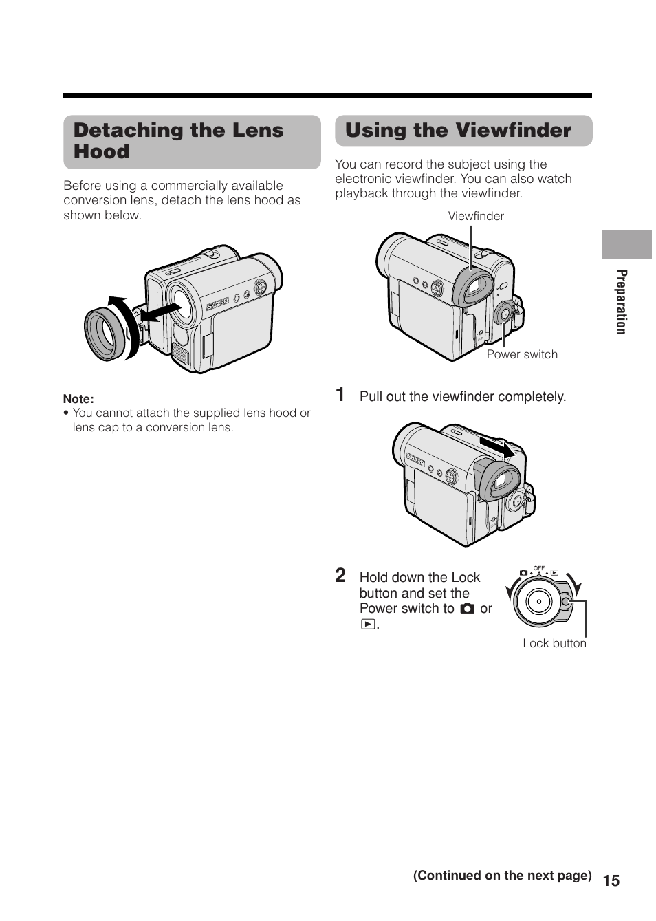 Using the viewfinder, Detaching the lens hood | Sharp VL Z 1 H User Manual | Page 27 / 88