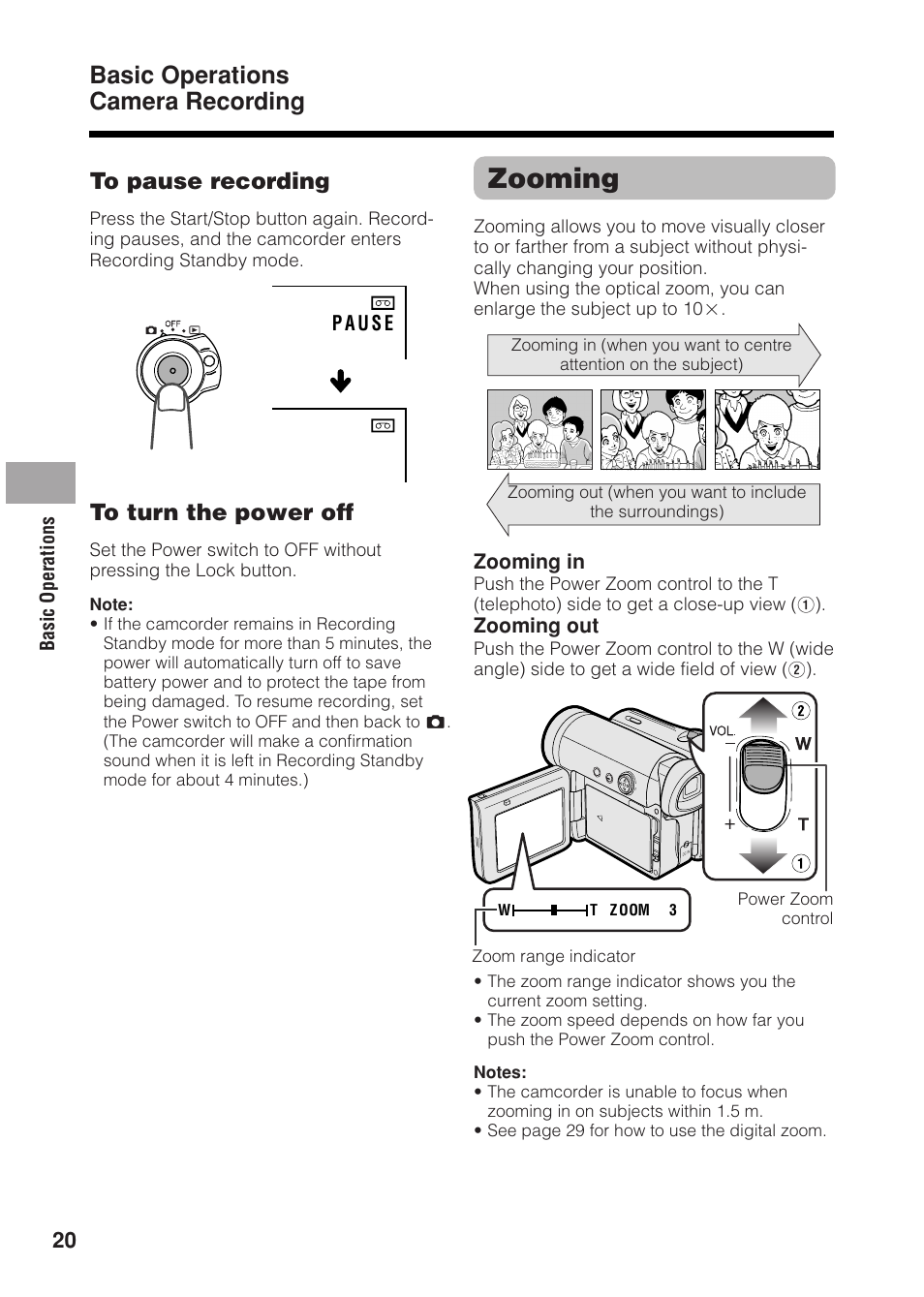 Zooming, Basic operations camera recording | Sharp VL Z 1 H User Manual | Page 32 / 88