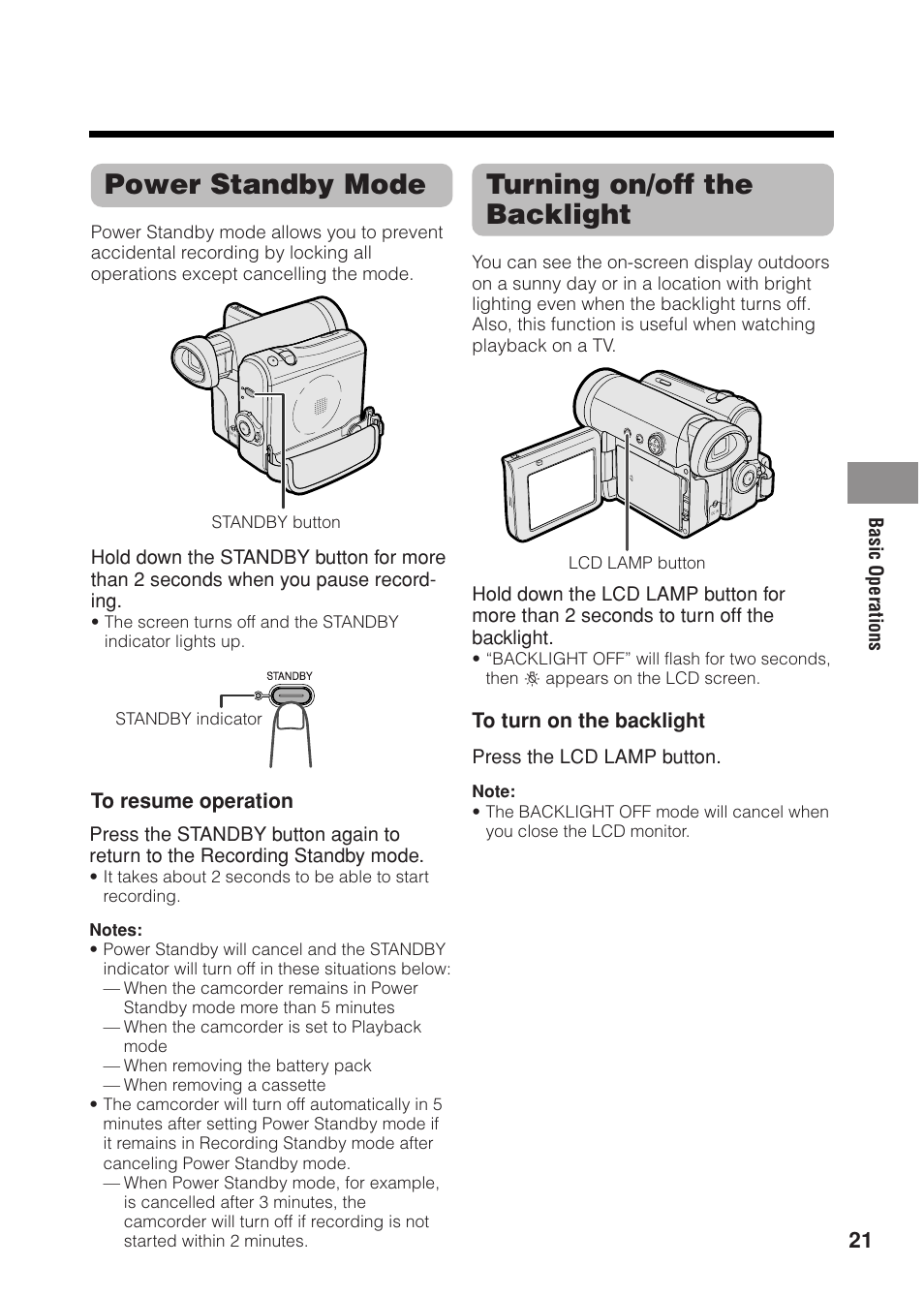 Power standby mode, Turning on/off the backlight | Sharp VL Z 1 H User Manual | Page 33 / 88