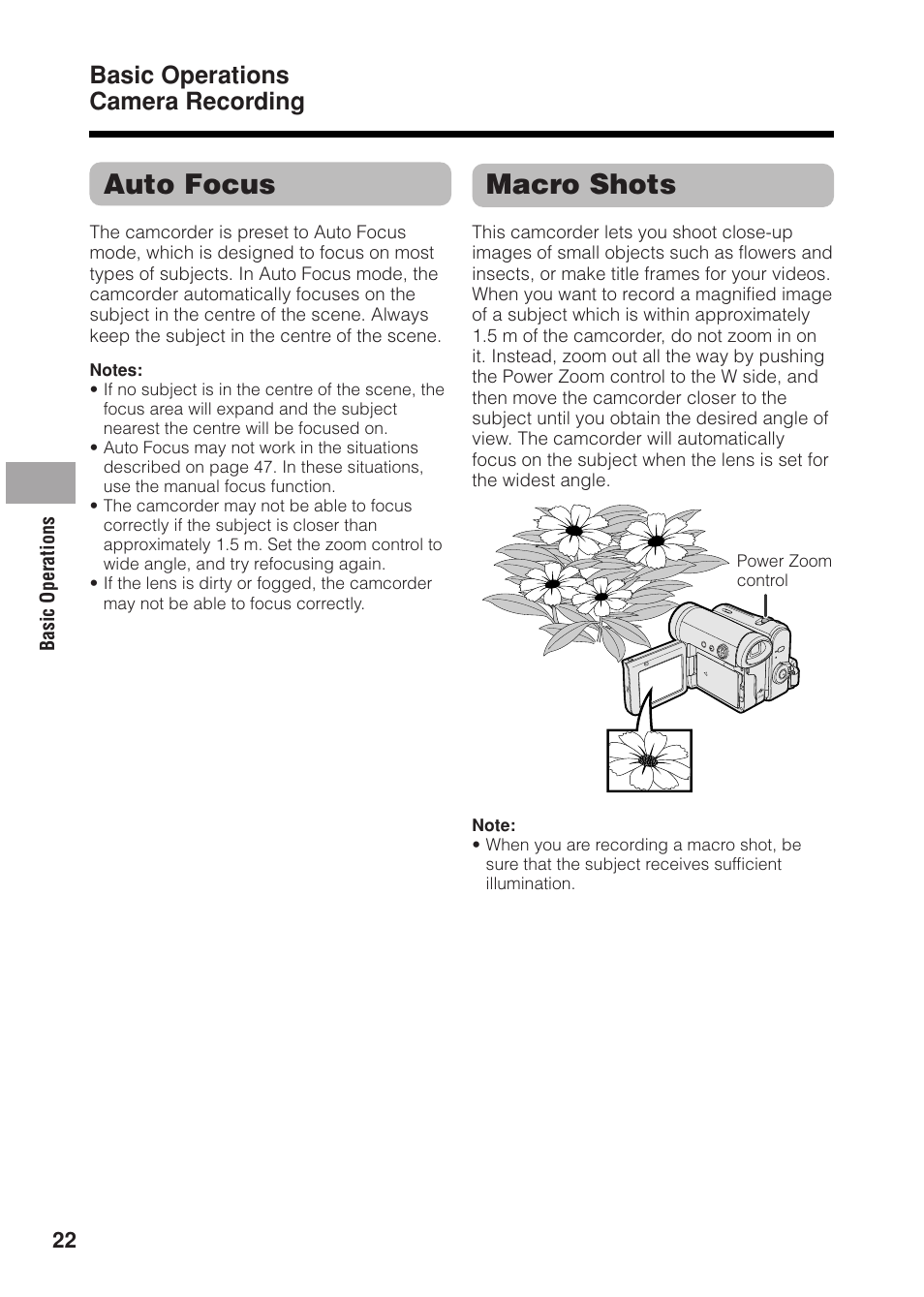 Auto focus, Macro shots, Basic operations camera recording | Sharp VL Z 1 H User Manual | Page 34 / 88