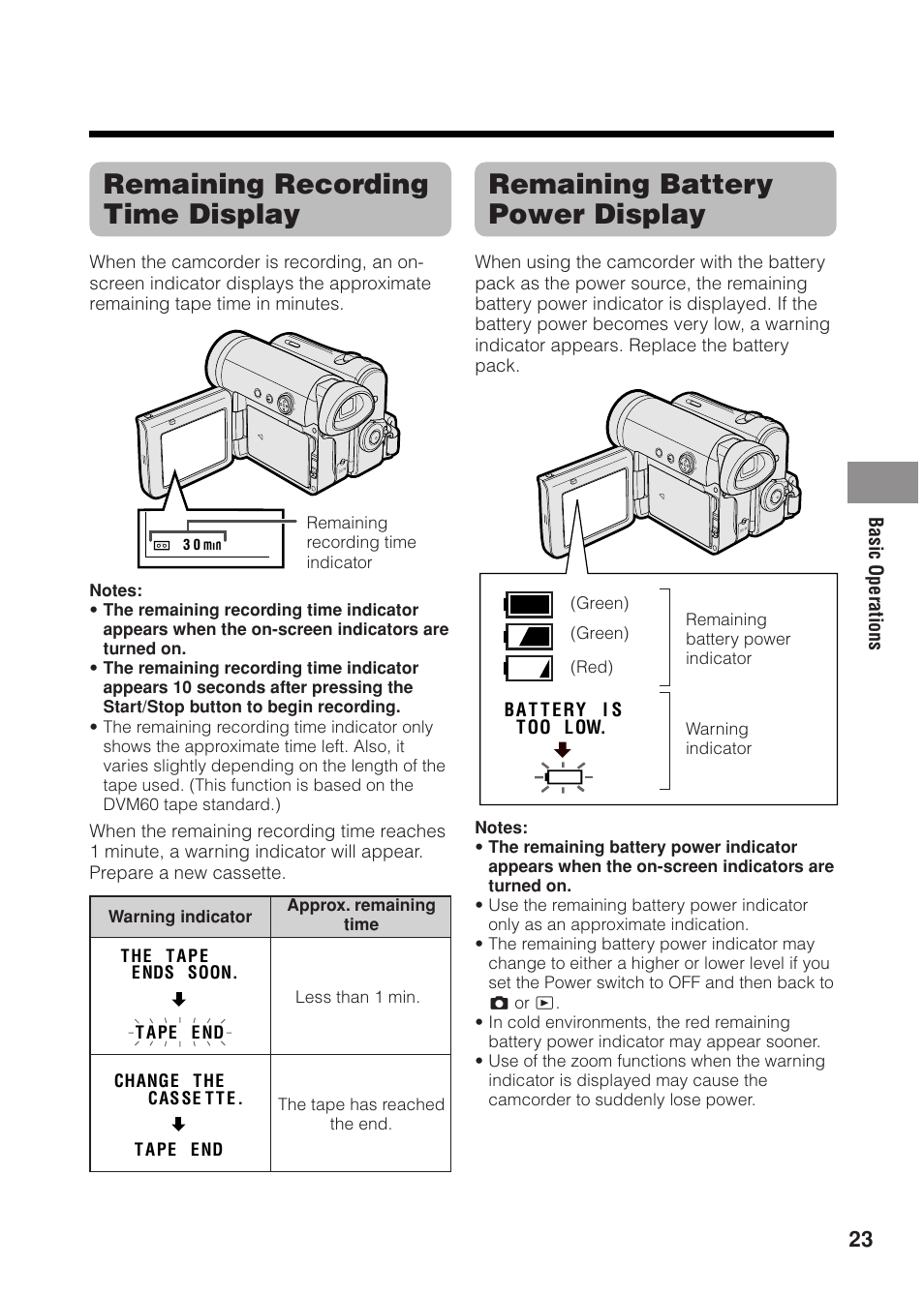 Remaining recording time display, Remaining battery power display | Sharp VL Z 1 H User Manual | Page 35 / 88