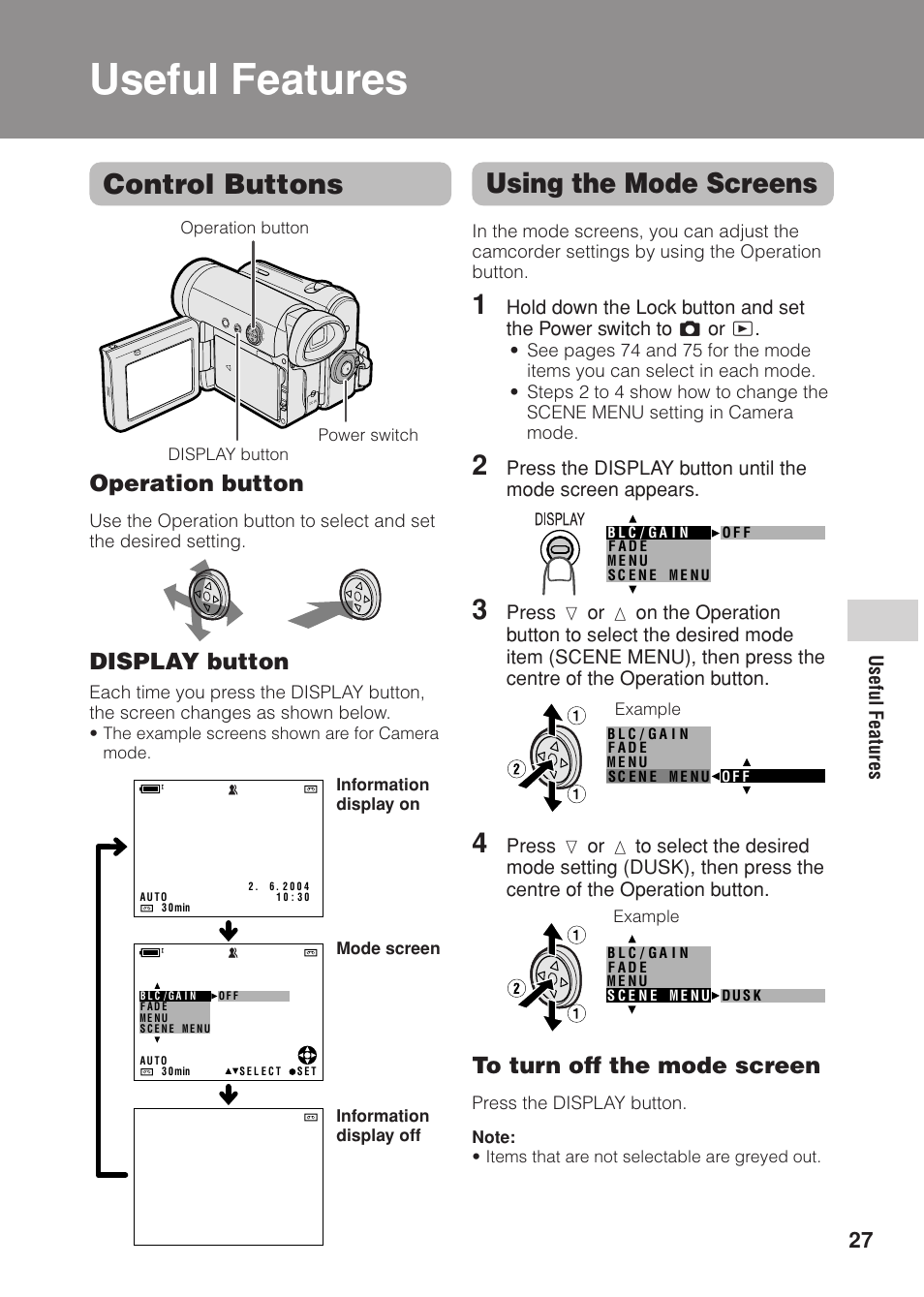 Control buttons, Using the mode screens, Operation button | Display button, Useful features | Sharp VL Z 1 H User Manual | Page 39 / 88