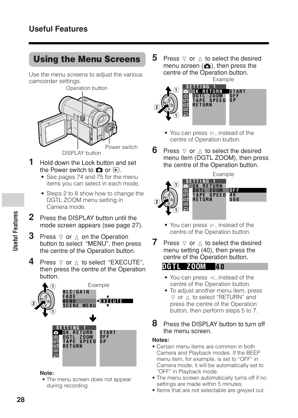 Using the menu screens, Useful features, 04 dg t l zoom | Sharp VL Z 1 H User Manual | Page 40 / 88