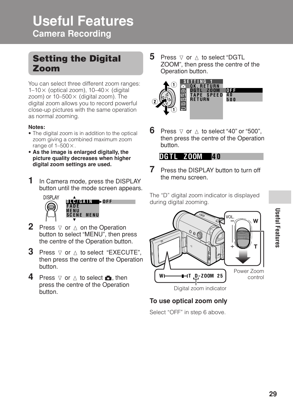 Useful features, Camera recording 5, Setting the digital zoom | Sharp VL Z 1 H User Manual | Page 41 / 88