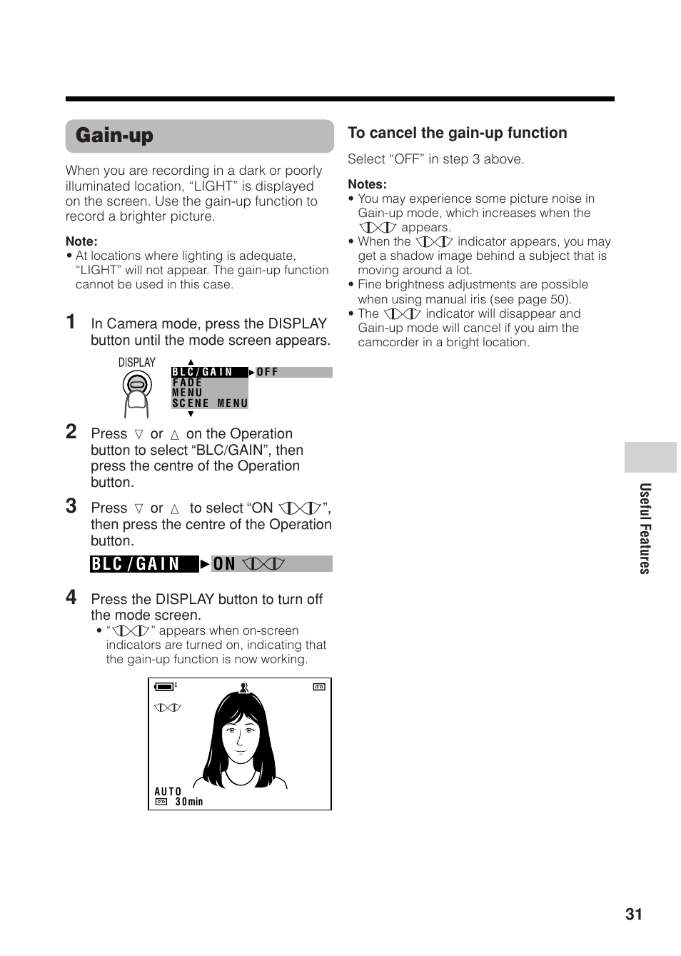 Gain-up, Blc / ga i n on | Sharp VL Z 1 H User Manual | Page 43 / 88