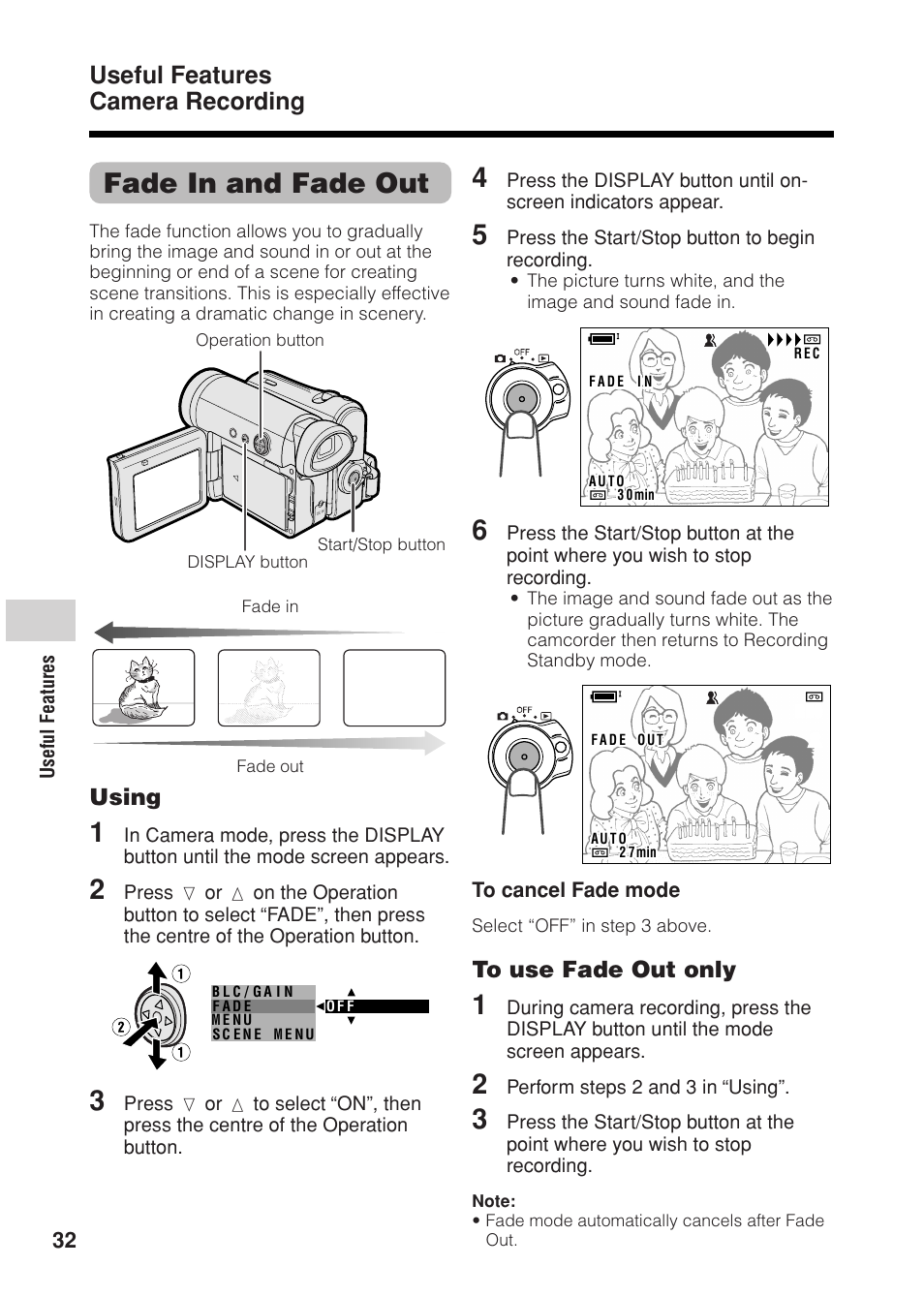 Fade in and fade out, Useful features camera recording, Using | Sharp VL Z 1 H User Manual | Page 44 / 88