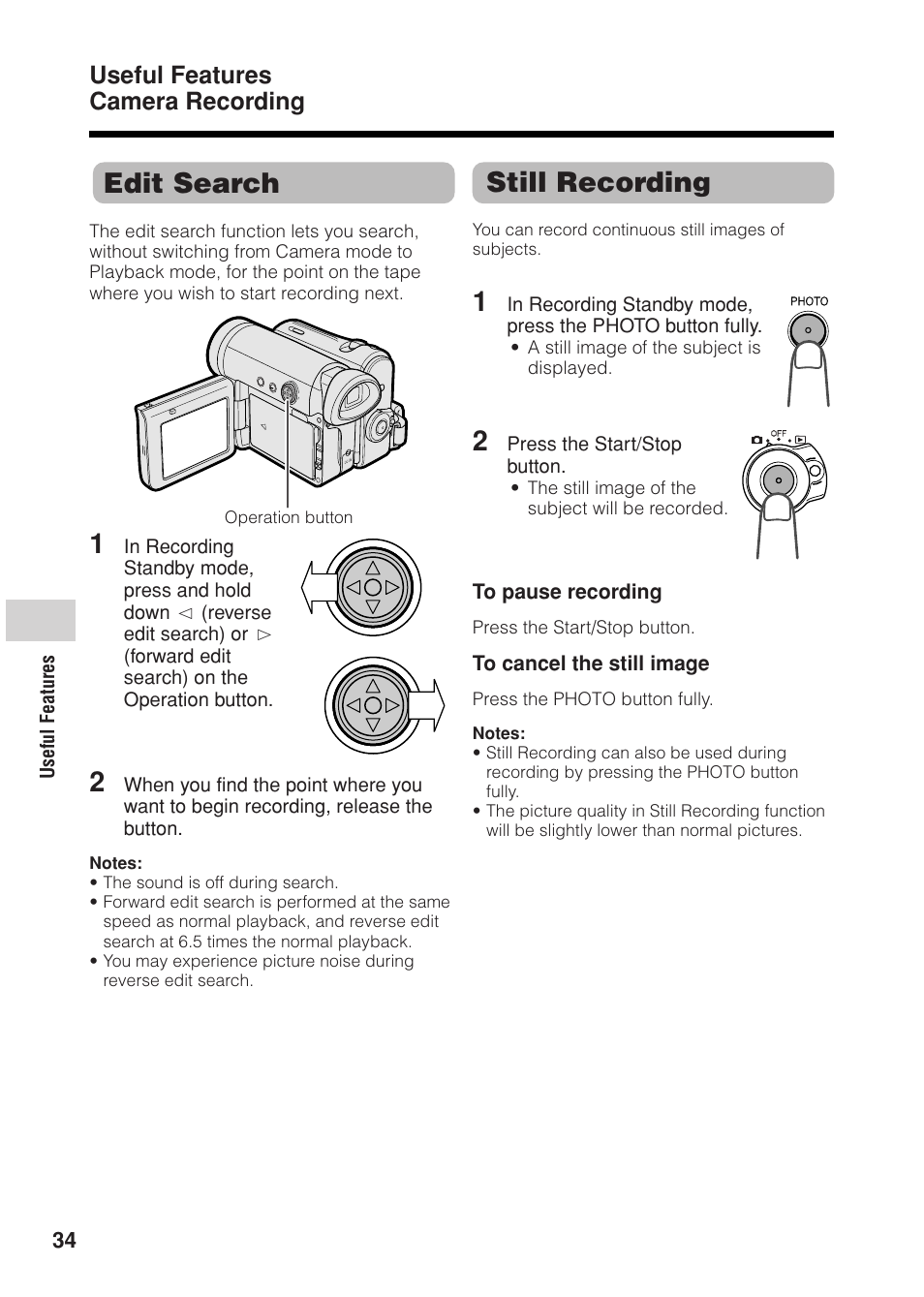 Still recording, Edit search, Useful features camera recording | Sharp VL Z 1 H User Manual | Page 46 / 88