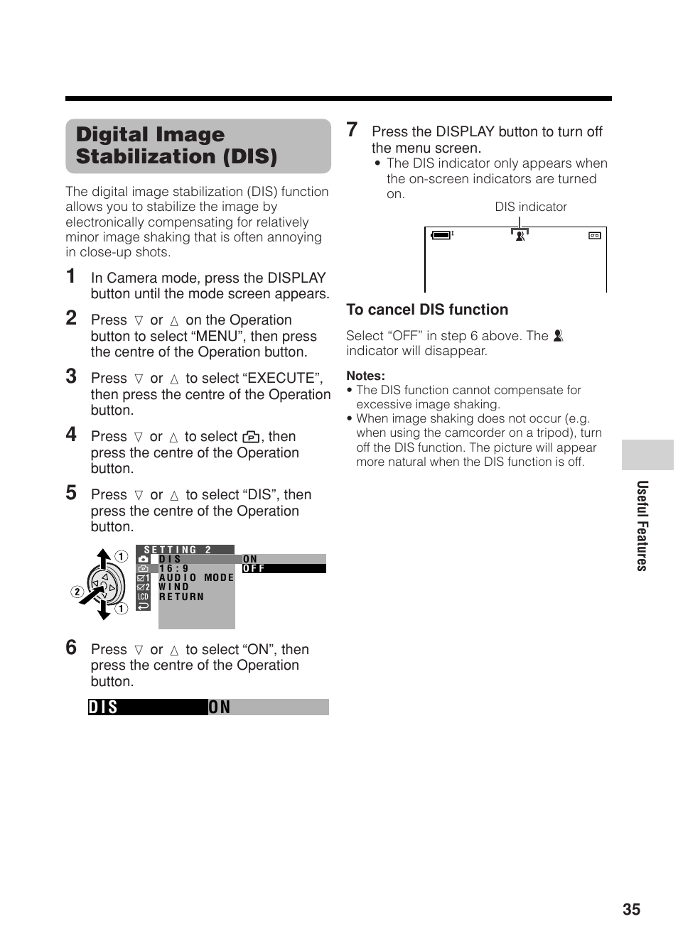 Digital image stabilization (dis), On d i s | Sharp VL Z 1 H User Manual | Page 47 / 88
